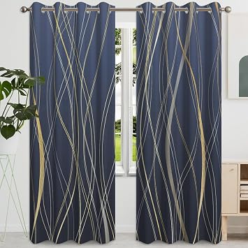 Navy Blue Gold Flowing Line Blackout Curtains, 52 x 84 Inches 2 Panels