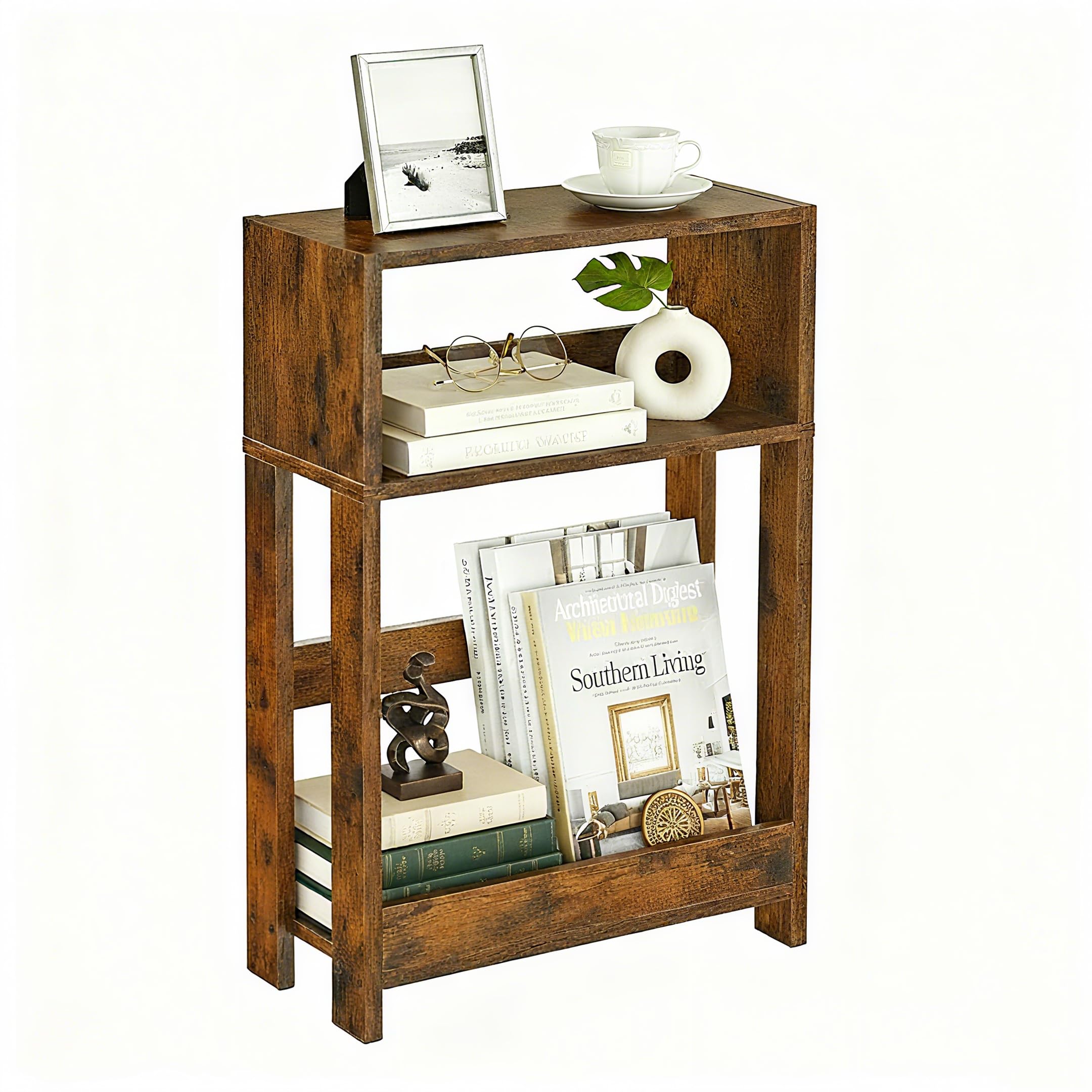 ZEXVIDA Narrow Side Table with Storage Shelf, 3-Tier Slim End Table & Nightstand for Bedroom, Living Room, Sofa Side Table for Small Spaces (Rustic Brown)