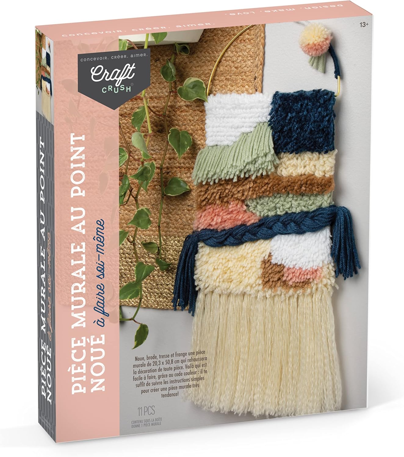 Craft Crush Latched Wall Hanging Craft Kit - DIY Kits for Home Decor - Includes Latch Hook, Braiding & Weaving Tools - Art & Craft Activity for Adults & Teens - Makes 8 x 20 Canvas Wall Hanging Kit