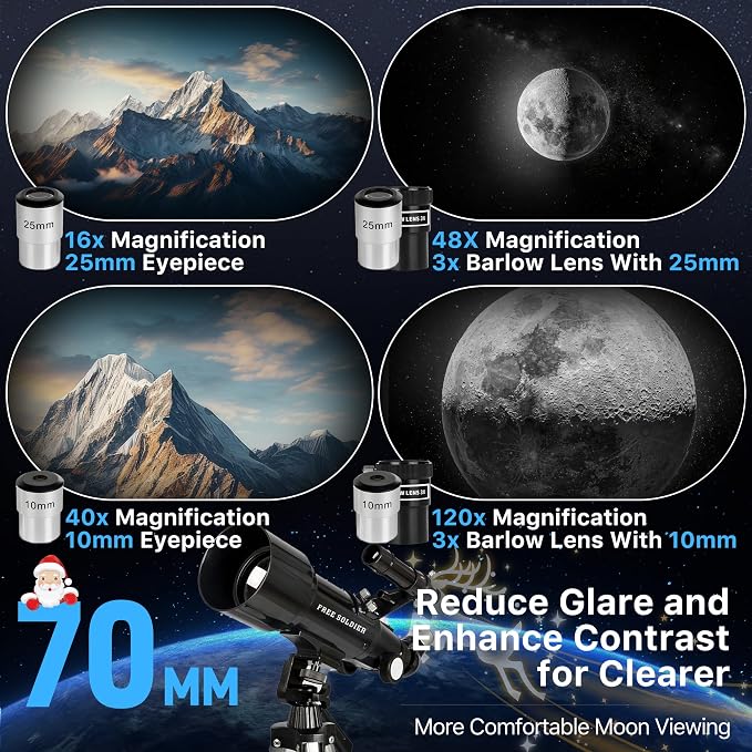 Telescopio Refractor Astronómico 70mm, 16x-120x, para Niños y Adultos miniatura 2
