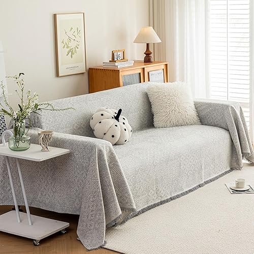 Miniatura 23 de ROOMLIFE Funda de sofá gruesa a rayas con borlas, manta de funda de sofá de felpilla azul para sofá seccional, fundas de sofá suaves para sofá