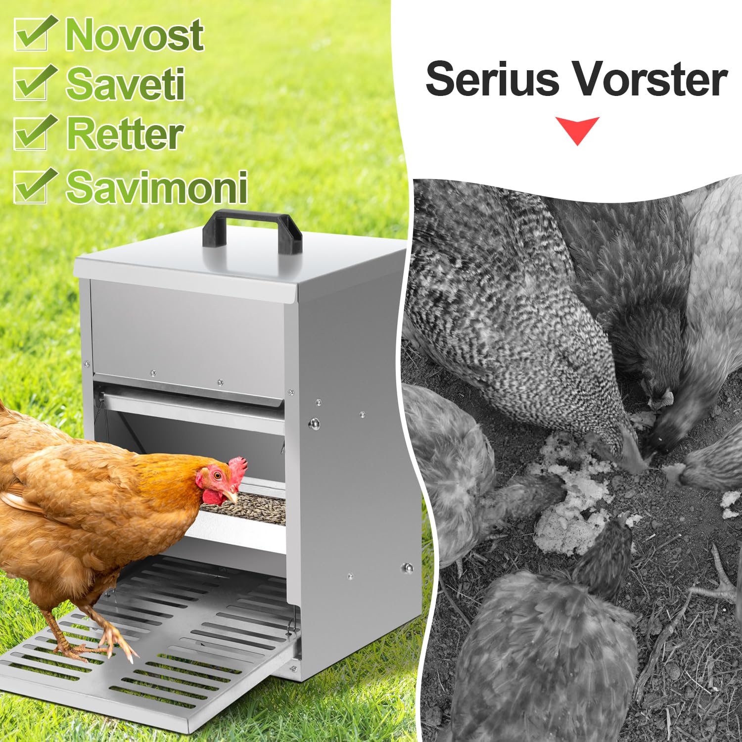 Comedero automático para gallinas, 5 kg, con pedal automático, alimento para pollos para aves de corral, accesorio ideal para pollos, resistente al agua y a prueba de ratas, galvanizado