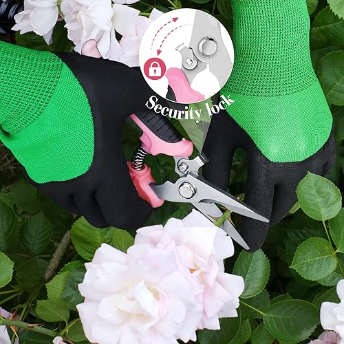 Miniatura 3 de Juego de 4 tijeras de podar de jardín con cuchillas de acero inoxidable y guantes de jardinería (rosa)