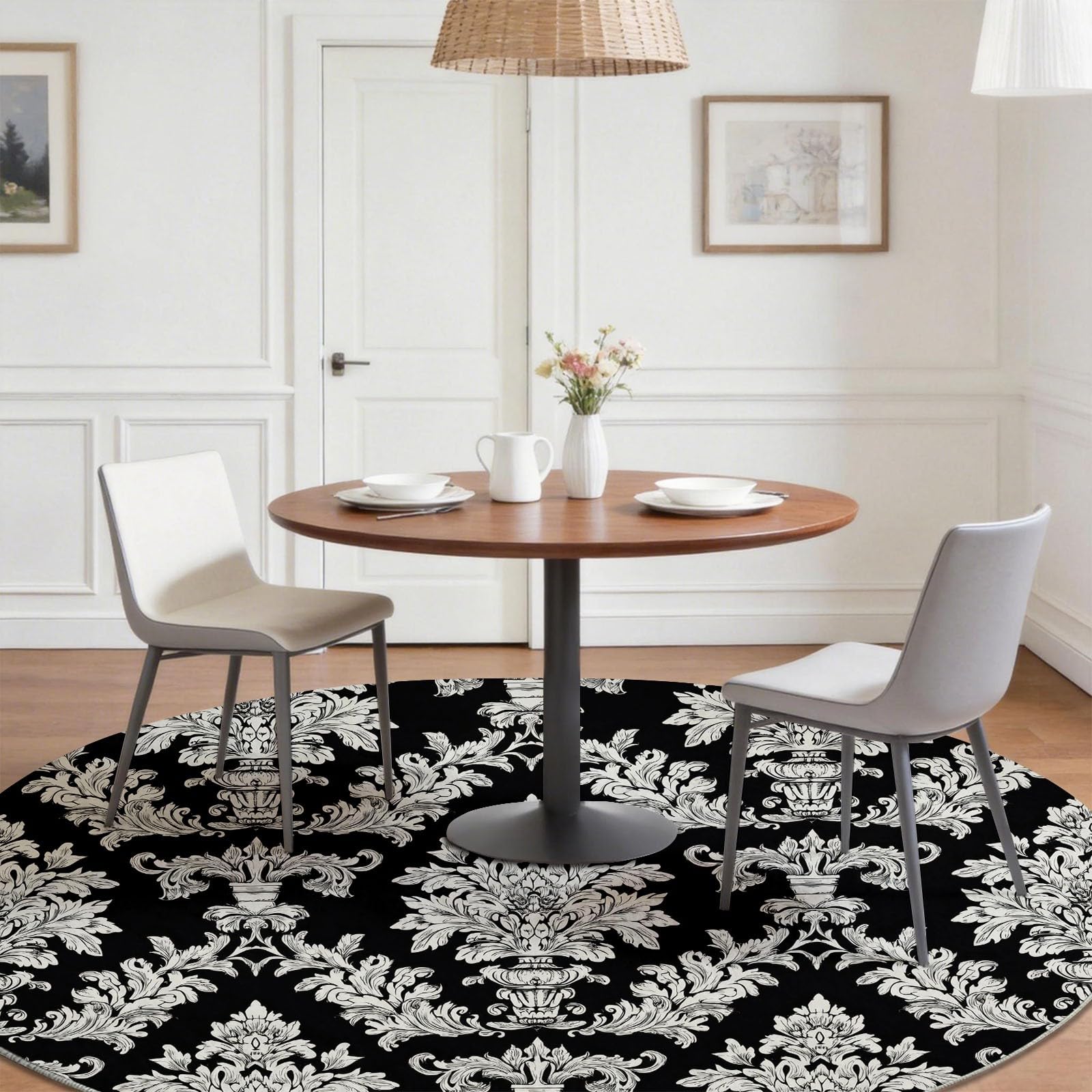 Générique 160 cm Rond Tapis Rond pour Salon, Chambre à Coucher et Cheminée Motif Motif Baroque Jacquard Damassé Vintage Lavable en Machine et Antidérapant Noir