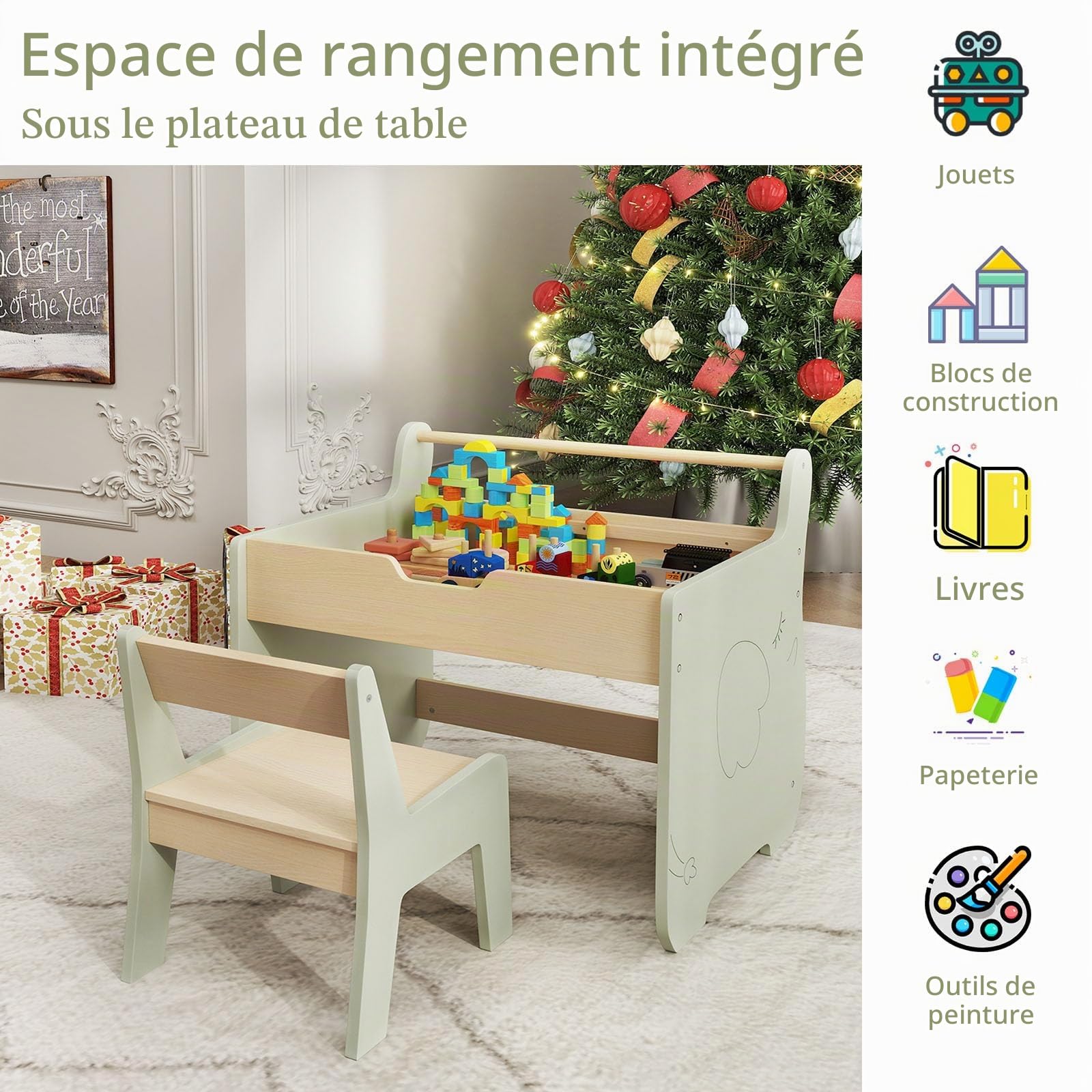 LIFEZEAL Table pour Enfant avec Chaise, Bureau Amovible avec Espace de Rangement, Ensemble de sièges avec Tableau Double Face, Ensemble de chaises pour Jouer, Lire, Peindre, Manger (Vert+Naturel)