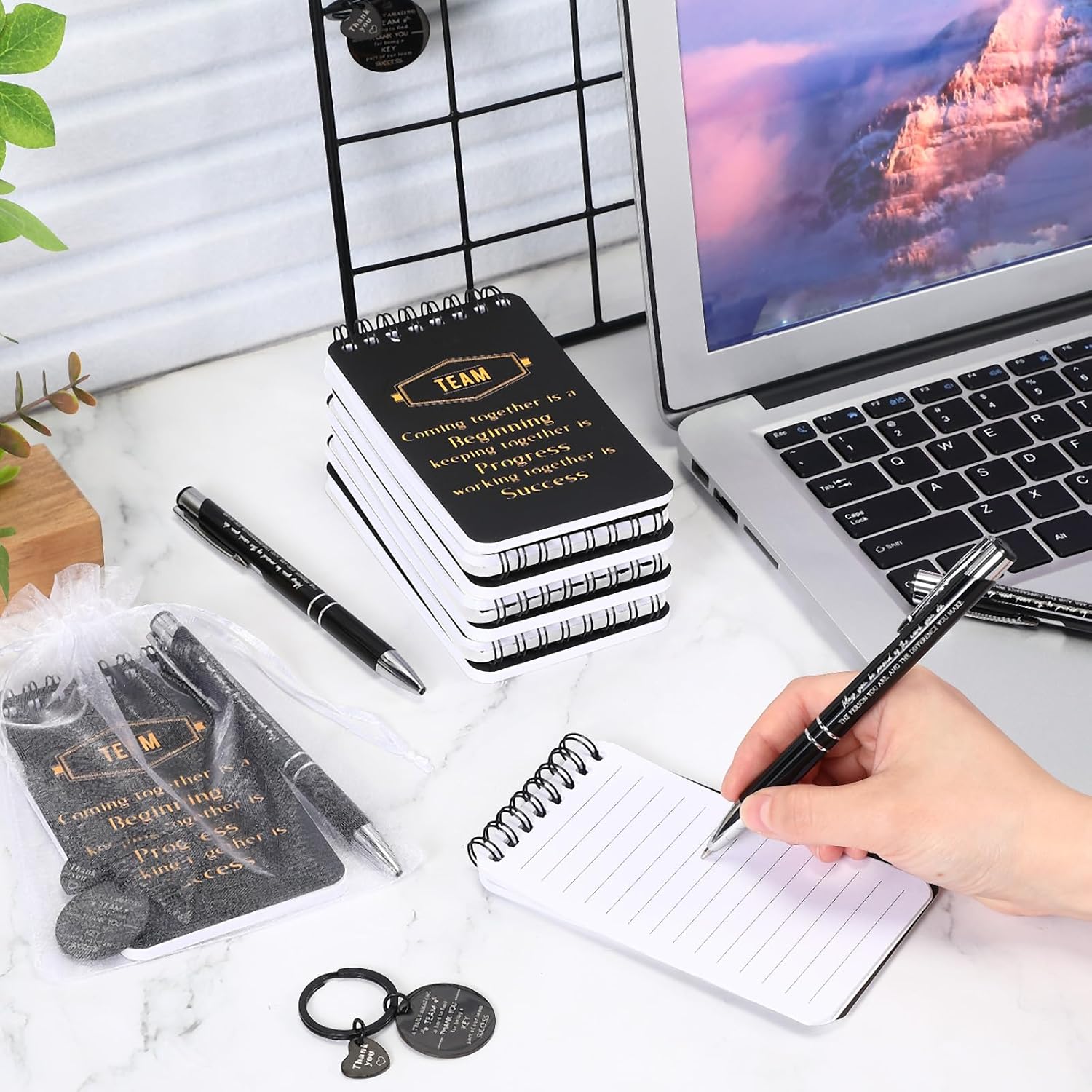 Fulmoon 80 Pcs Employee Appreciation Gifts Set Include Notepad Pen Thank You Keychain Organza Bag, Going Away Retirement Birthday Christmas Team Gift for Member Coworker(Black,Team)