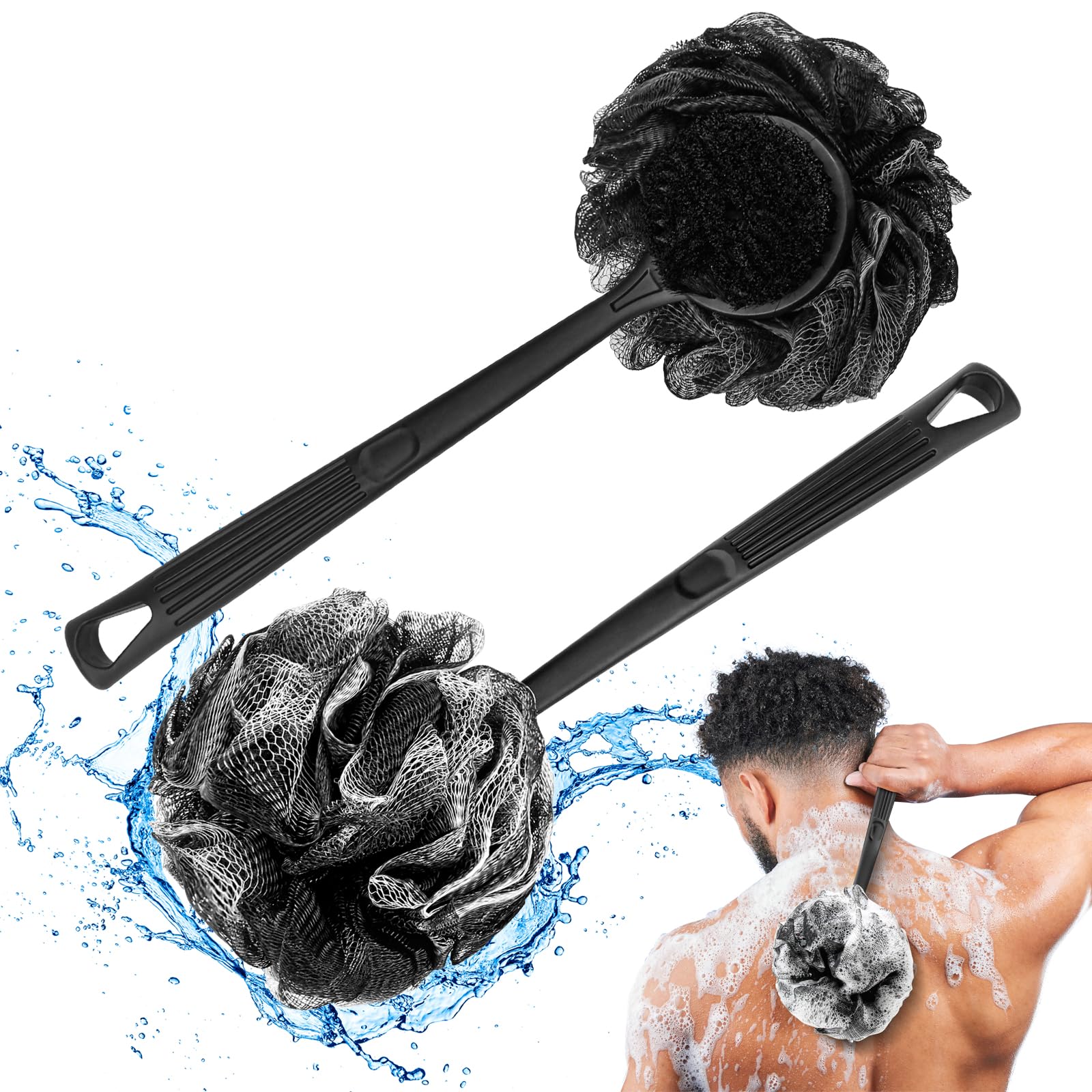 Loofah with Handle & Shower Brush Charcoal 2 Pack- Back Scrubber for Shower for Men & Women, Body Brush Ideal for Exfoliation, Back Loofah for Shower