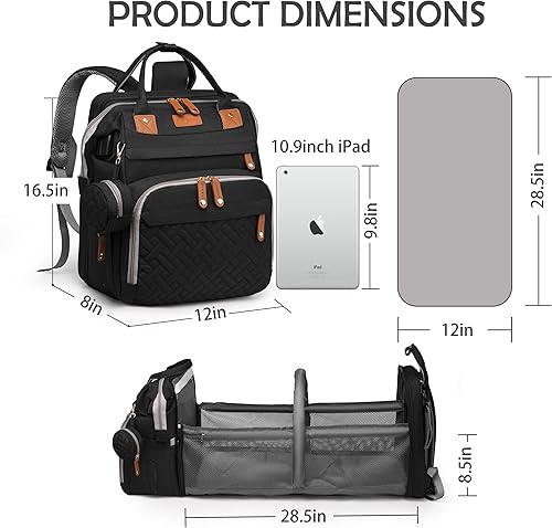 Miniatura 4 de Mochila para pañales, Bolsa de pañales impermeable, con cambiador de pañales, Bolsa portátil grande para bebés, Mochila de viaje, Negro -, Mochilas