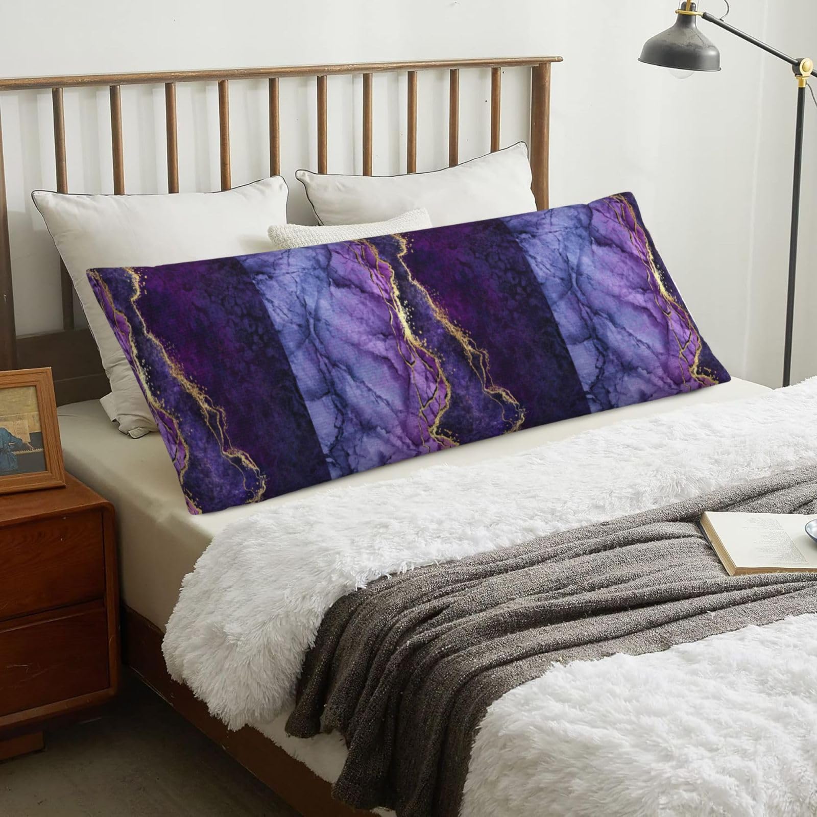 Abstract Purple Gold Marble, Body Pillow Cover with Zipper,Long Body Pillowcase 20 x 60 in