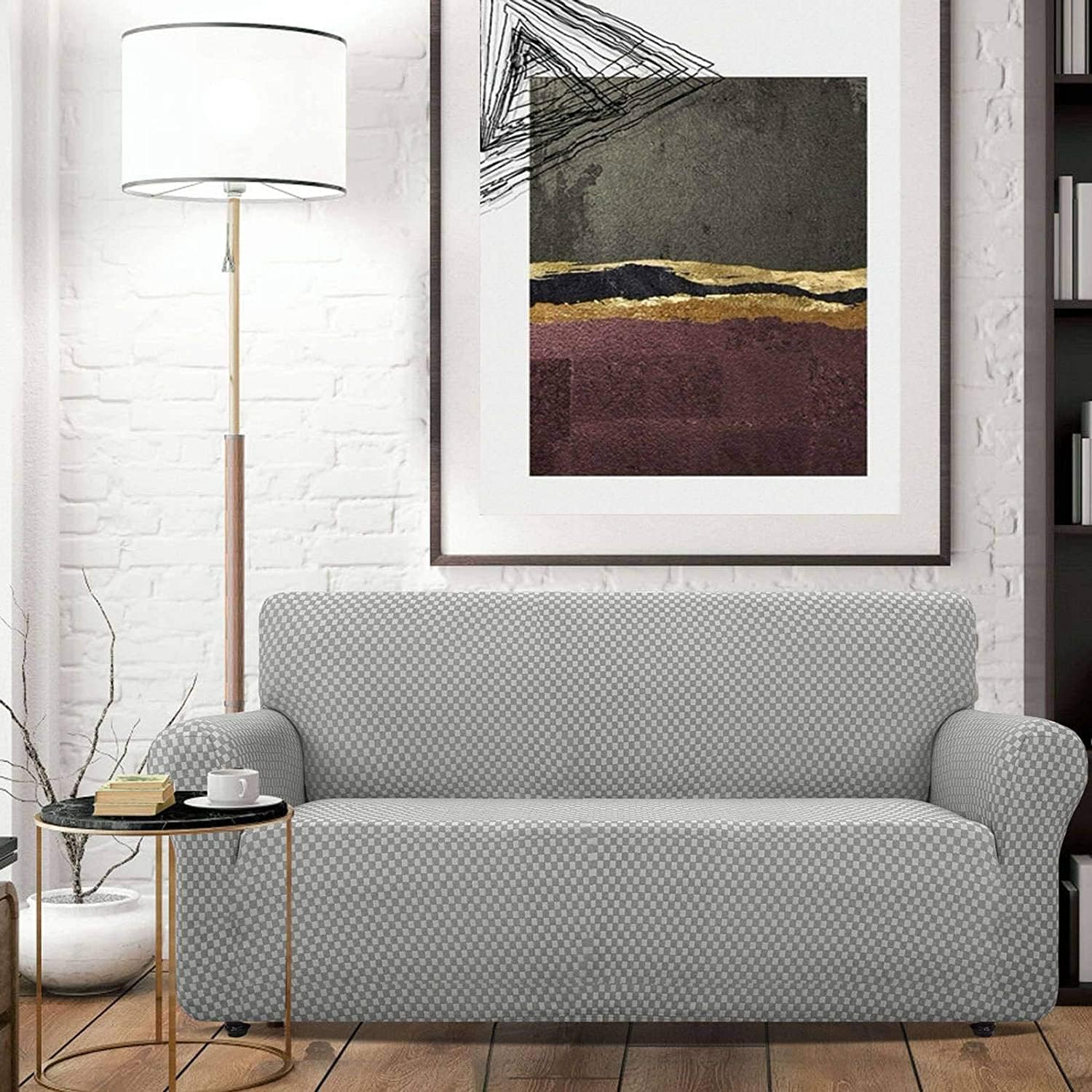 Sofa Cover,1 2 3 4 Seater Couch Cover, Stylish Fit Stretch Polyester Spandex Furniture Protector with Non Slip Foam for Kids Pets Living Room,Grey-1 Seater (78-116cm)