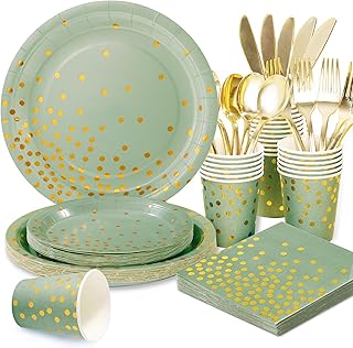 175 Pcs Sage Green Plates and Napkins Party Supplies - Sage Green Paper Plates Serve 25 Guests - Sage Green and Gold Disposable Plates Sets for Holiday Wedding Birthday Party Decoration