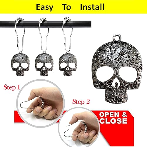 Miniatura 5 de ZILucky Juego de 12 ganchos decorativos para cortina de ducha con calavera de azúcar, acero inoxidable, esqueletos inoxidables, anillos para cortina