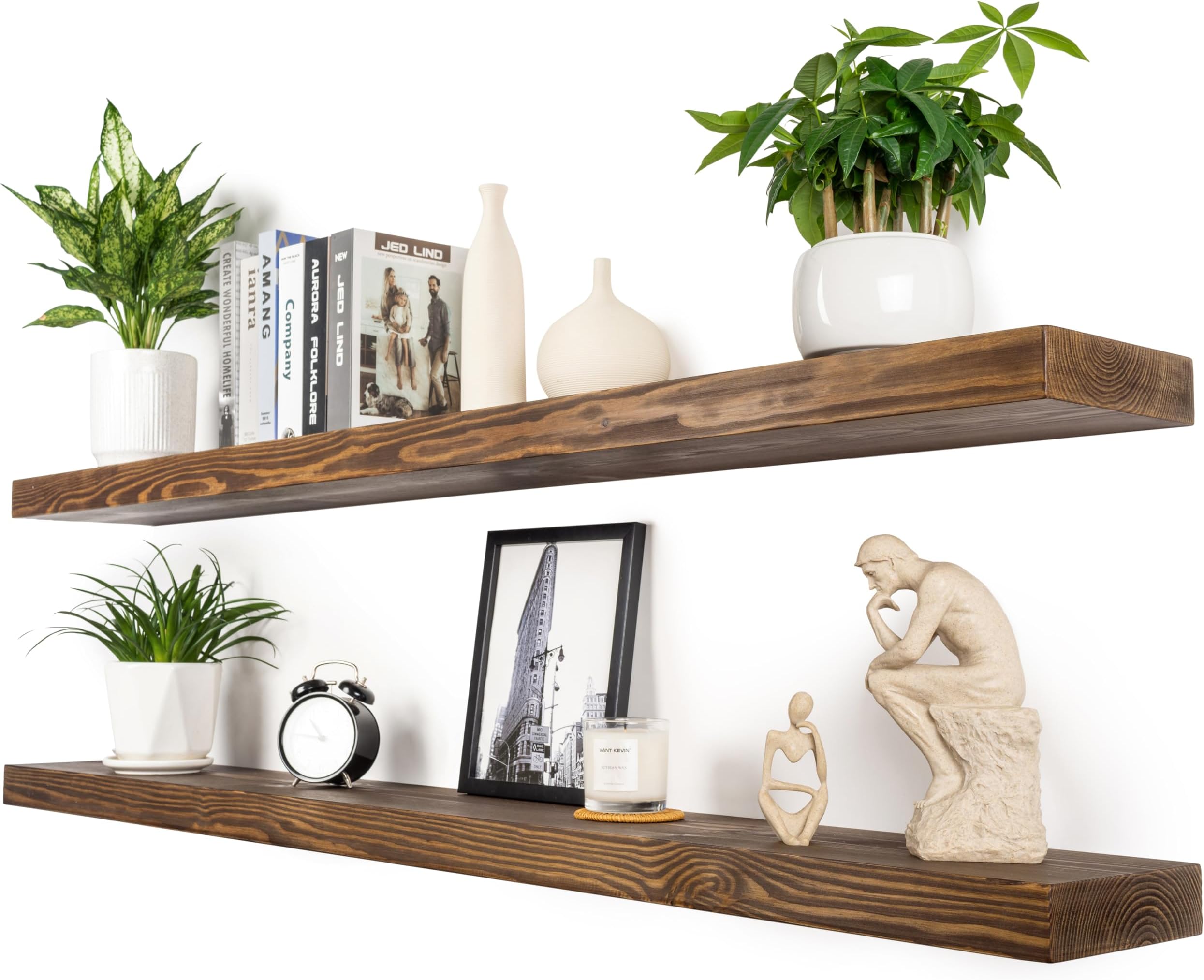 Walnut Floating Shelves 60 Inch Long 8-in Deep Set of 2, High End Real Solid Wood Floating Shelves for Wall,Suitable for Kitchen and Coffee Bar, with Sturdy Hidden Bracket