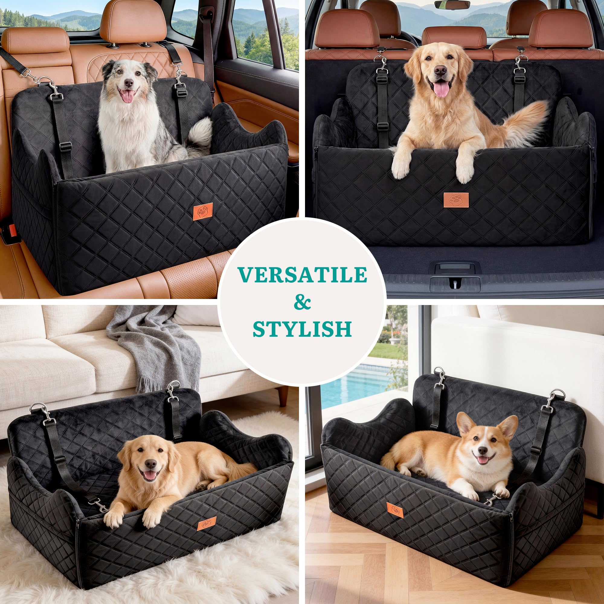 YITAHOME Hundesitz für große und mittelgroße Hunde,Reisebettb Haustiere mit Memory Schaumstoff unter 55 lbs Sitzhöhe 4,3",zwei seitliche Aufbewahrungstaschen, rutschfestes, 2 Sicherheitsgurte(Schwarz)