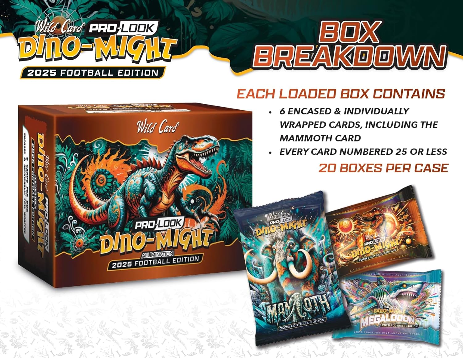 2025 Wild Card Dino-Might Football Hobby Trading Card Box (1 Oversized Mammoth Card Per Box)