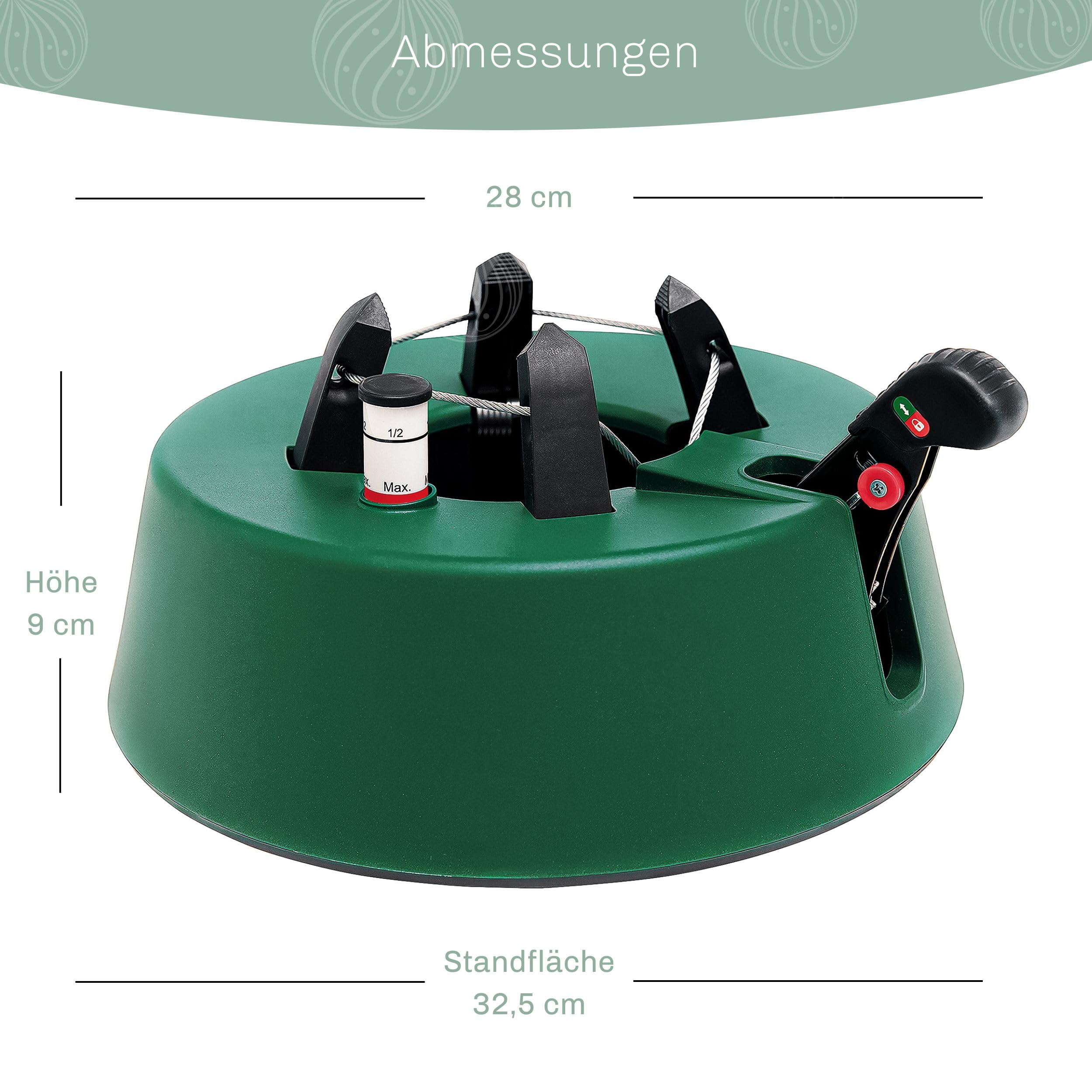 Christmas-World Christbaumständer, Modell Taunus, für Baumhöhe bis 2,25 m, Weihnachtsbaumständer Tannenbaumständer mit Fußhebelfunktion und Einseiltechnik, 2,0 Liter Wassertank, Grün