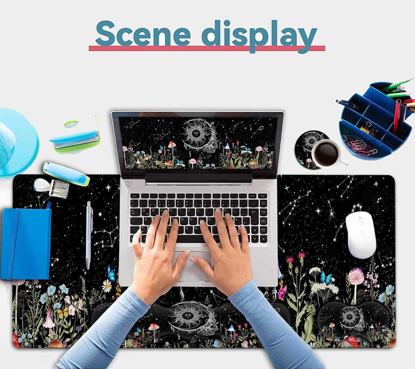 Large Black Mouse Pad, Gaming Mouse Pad Memory Foam Keyboard Wrist Rest, Office Desk Pad with Stitched Edges,Laptop Desk Table Protector,Wildflowers Butterfly Starry Sky Writing Mat,Extended Desk Mat