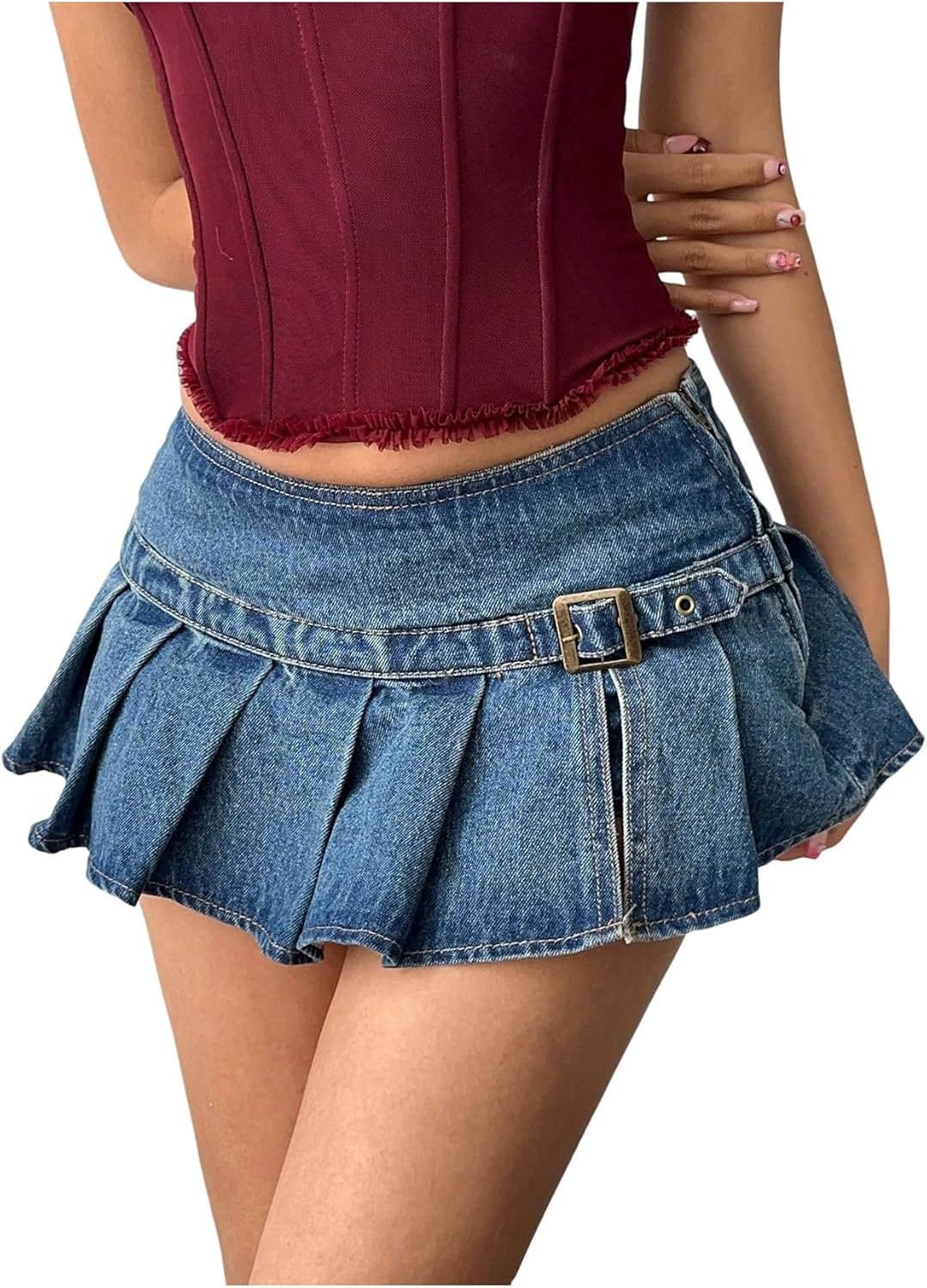 WDIRARA Women's Low Rise Pleated Mini Denim Skirt Y2k Buckle Jean Skirt