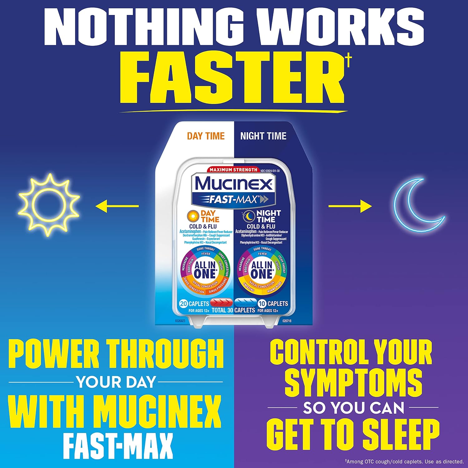 Mucinex Fast-Max Day Time Cold & Flu and Night Time Cold & Flu Medicine, Maximum Strength All in One Multi Symptom Relief for Congestion, Sore Throat, Headache, Cough and Reduces Fever, 30 Caplets