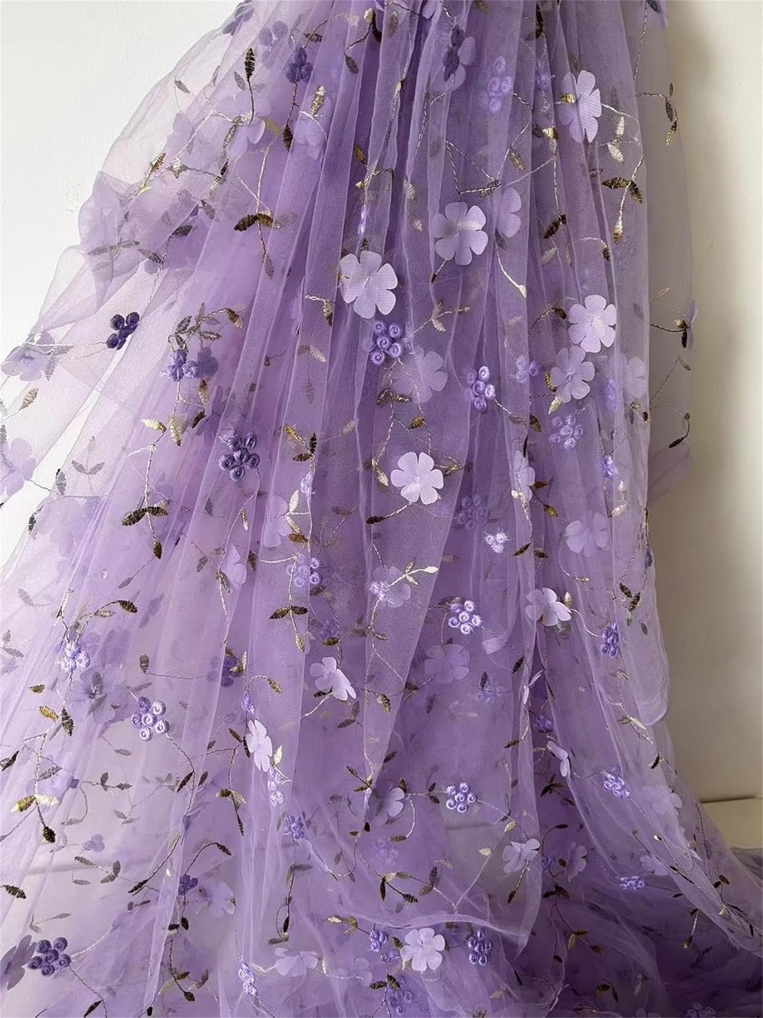 35"x51" Tulle Fabric by Yard Flower 3D Embroidery Soft Tulle Lace Fabric Mesh Fabric for DIY Clothing Dress Design Women Gown Wedding Dress Curtain Decor (Light Purple, 1 Yard (35x51 in))