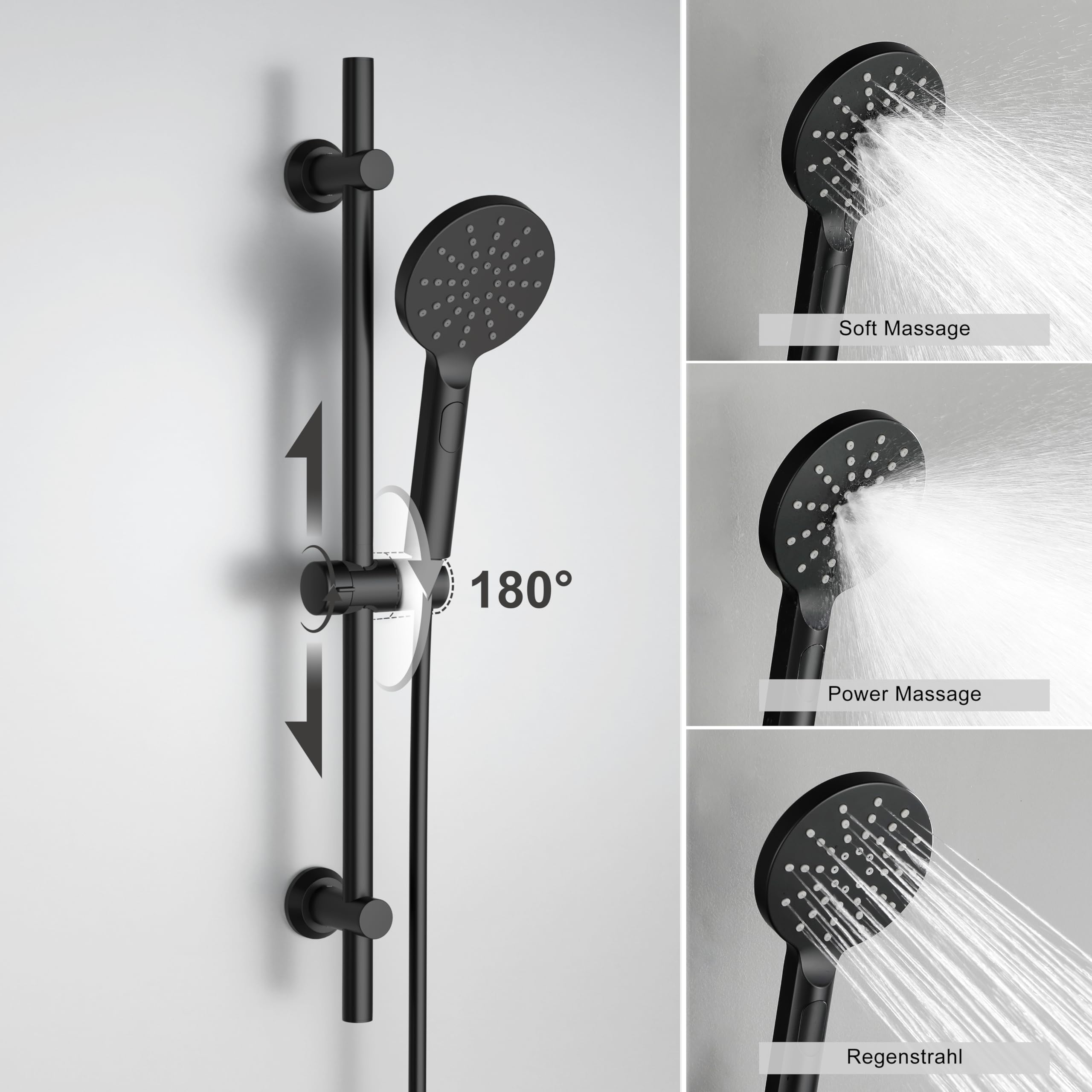 Görbach Colonne de Douche avec Mitigeur Thermostatique, Ensemble de Douche en Acier inoxydable avec Douchette et Tuyau, Barre de Douche 70 cm avec Étagère de Douche, Noir