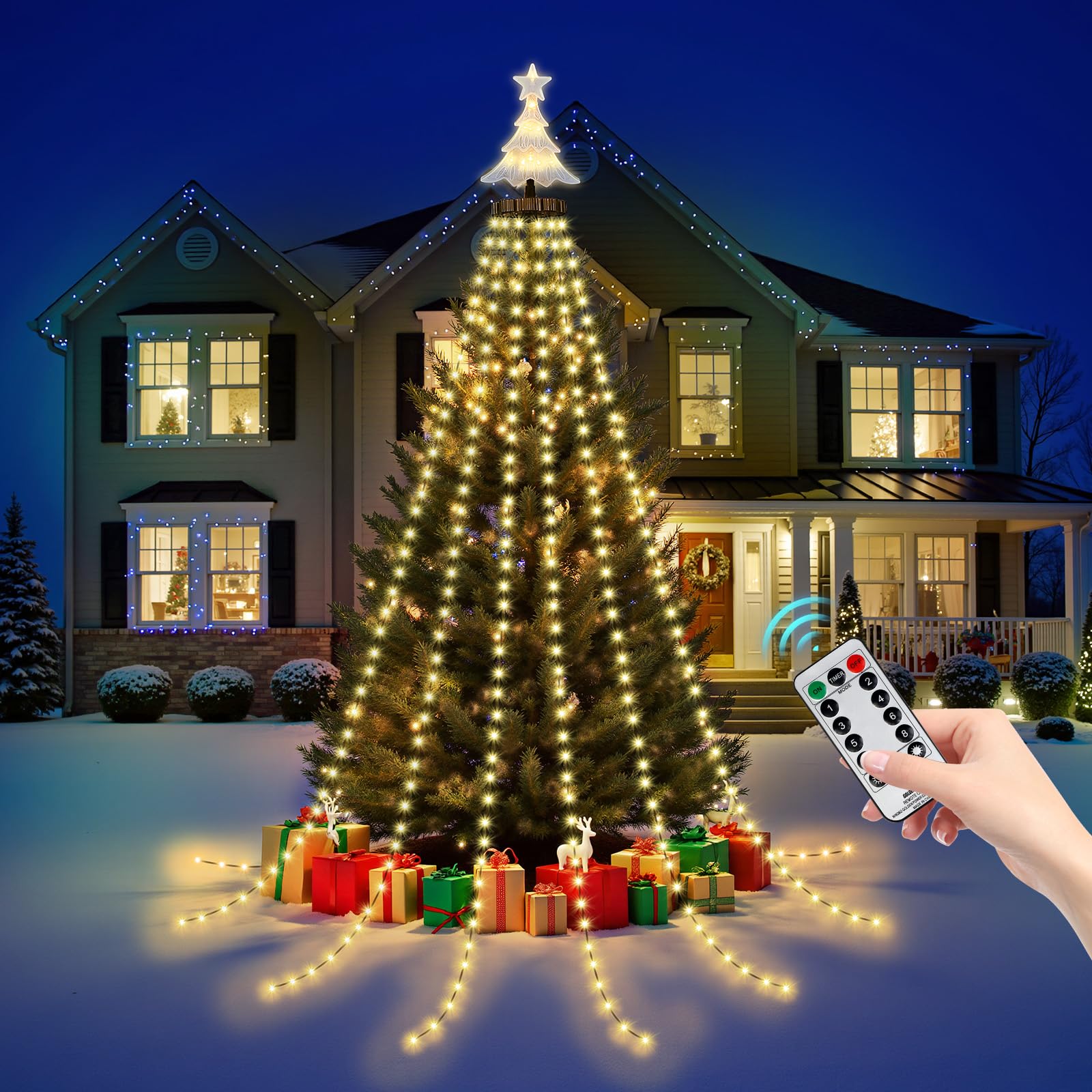 Photo 1 of Christmas Tree Waterfall Lights with Decorative Tree Topper , 411 LED Christmas Lights Outdoor, 8 Lighting Modes & 6H Timer, Waterproof Xmas Decorations for Yard, Garden, Wall, Indoor Xmas Tree Decor
