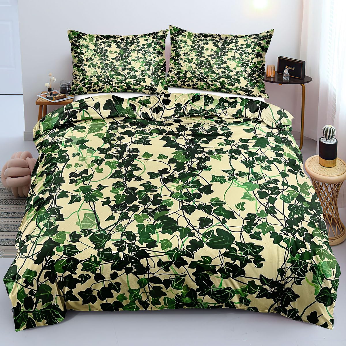 Parure de lit 260x240 feuilles botaniques réversible anti-pli pour grand lit adulte
