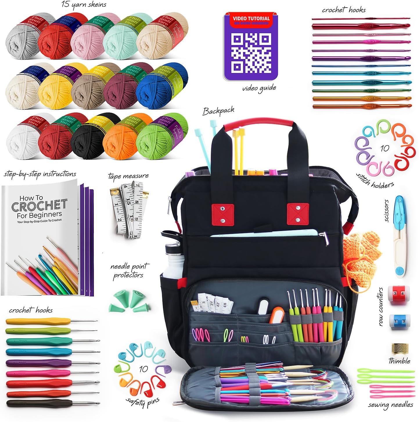 Crochet Kit for Beginners Adults and Kids - Beginner Crochet Kit for Adults with Step-by-Step Video Tutorials, Amigurumi and Crocheting Kit, Crochet Starter Kit with Beginner Yarn and Crochet Backpack
