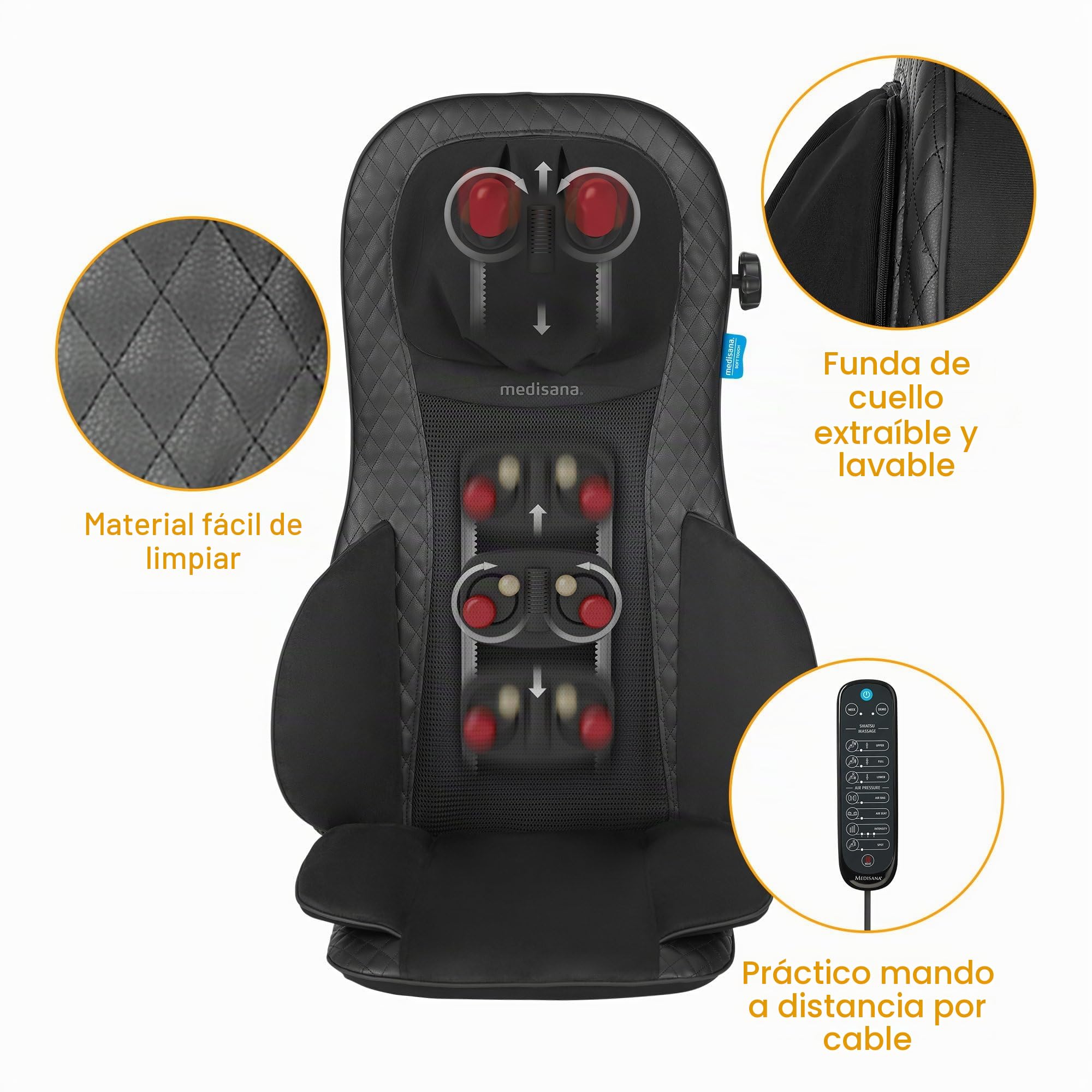 Medisana MCG 820 Gel Funda de asiento de masaje Shiatsu, cojín de masaje con función de calor, 4 cabezales de masaje de gel giratorios, masaje de cuello integrado, 3 niveles de intensidad