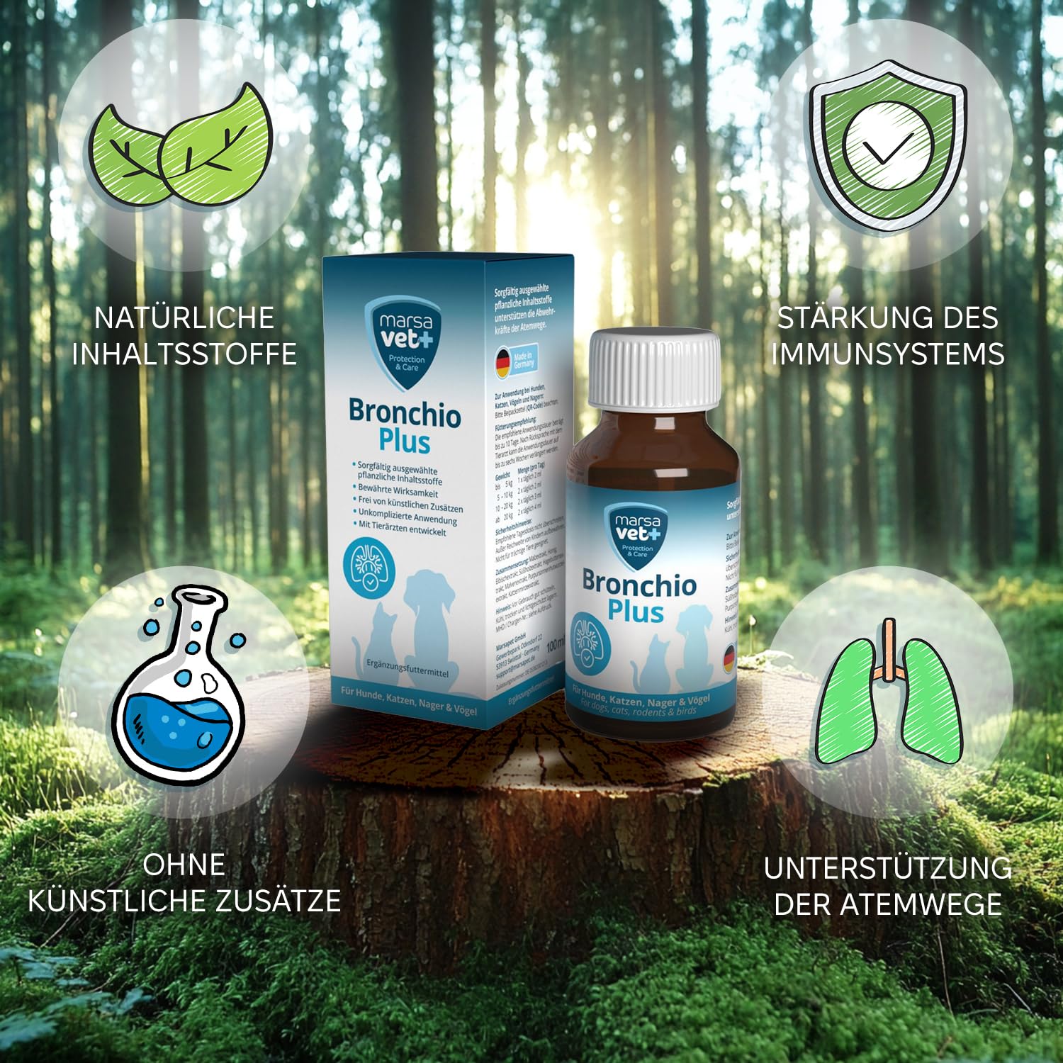 Marsavet Bronchio Plus – Flüssiges Ergänzungsfuttermittel mit pflanzlichen Inhaltsstoffen zur Unterstützung der normalen Atemwegsfunktion - für Hunde, Katzen, Nager und Vögel | 100 ml