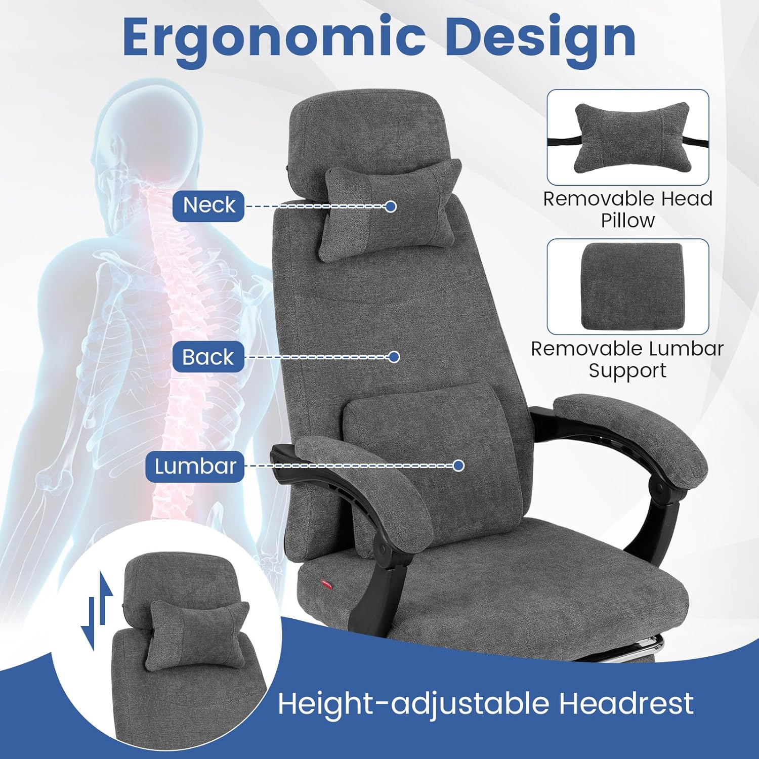 Giantex Reclining Office Chair, Chenille Fabric Desk Chair with Padded Linkage Armrests, Retractable Footrest, Neck & Lumbar Support, High-Back Ergonomic Executive Chair for Home Office, Gray