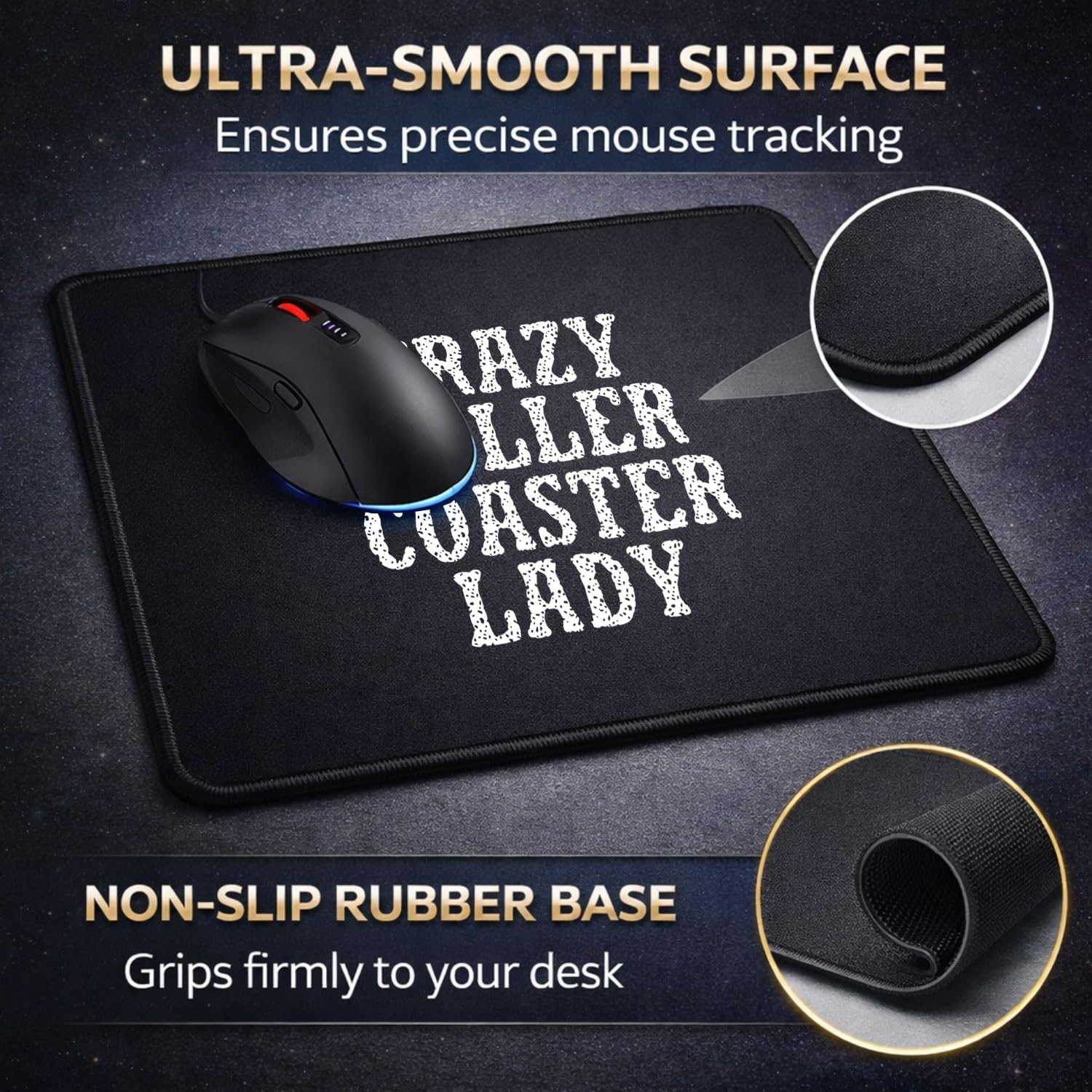 Crazy Roller Coaster Lady Mouse Pad, Rubber, Black, Non-Slip, Office, 9.5 x 7.9 Inches, Rectangular, 2 Pack image 3