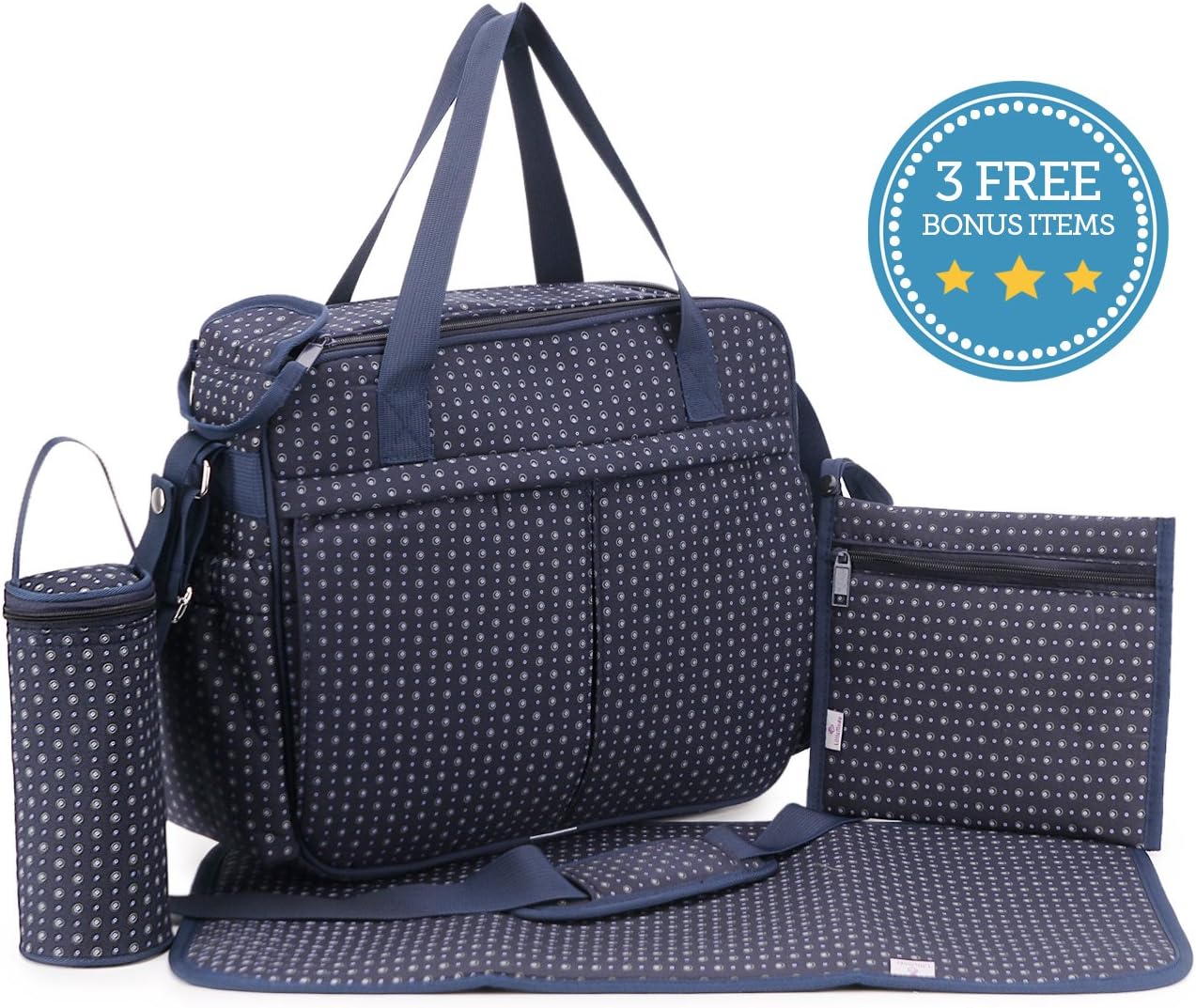 Stylish Baby Diaper Bag with Shoulder & Stroller Strap - 7 Pockets - Insulated Zippered Bottle Bag, Padded Changing Station and Small Purse Included as a Bonus