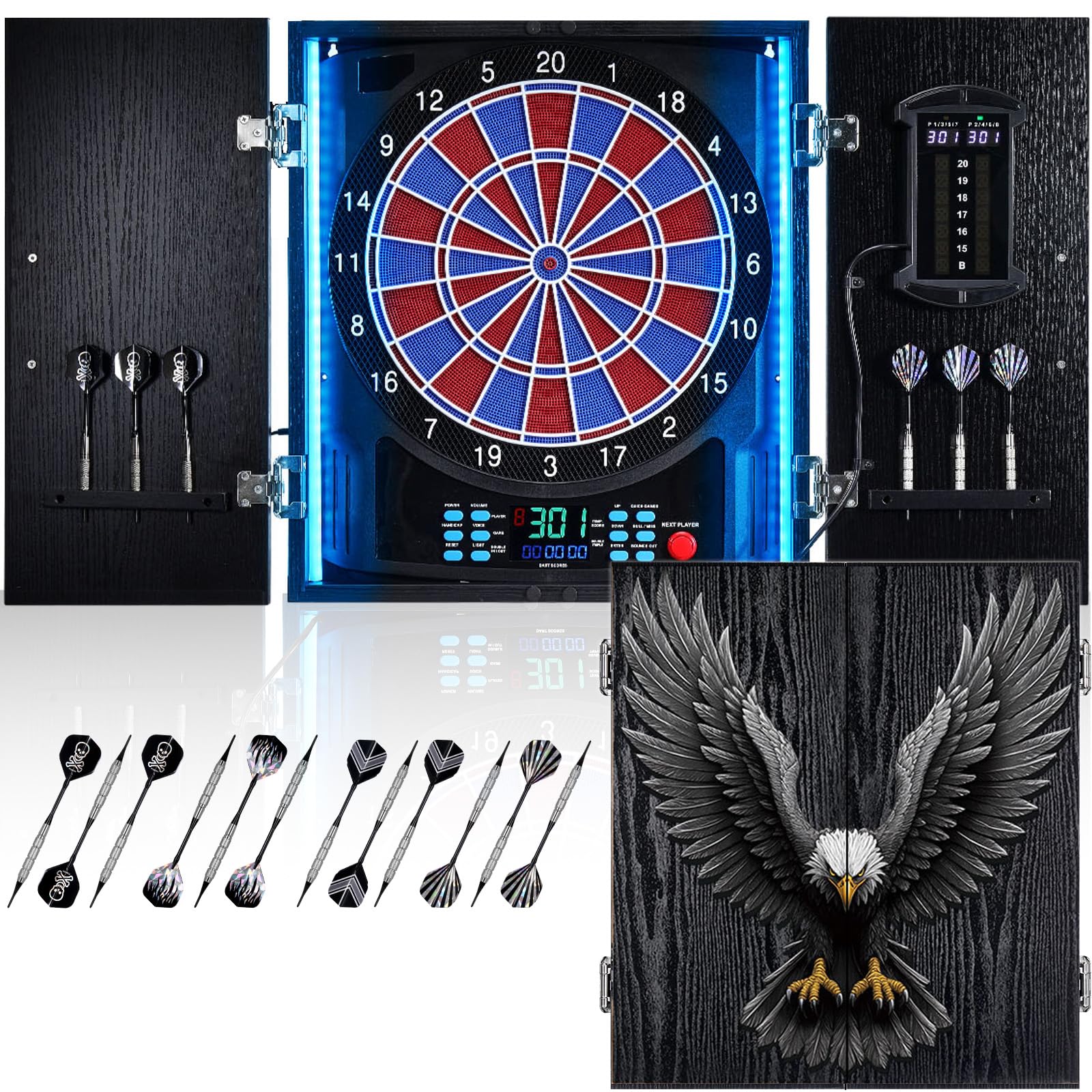 Dartscheibe Elektronisch, Dekoratives Elektronische Dartscheibe Schrank [6 Bronze Soft-Tip Pfeile], Eigene Lichtfarbe for Jeder Spieler, Profi E Dart Scheibe mit Holzschranktüren - Eagle