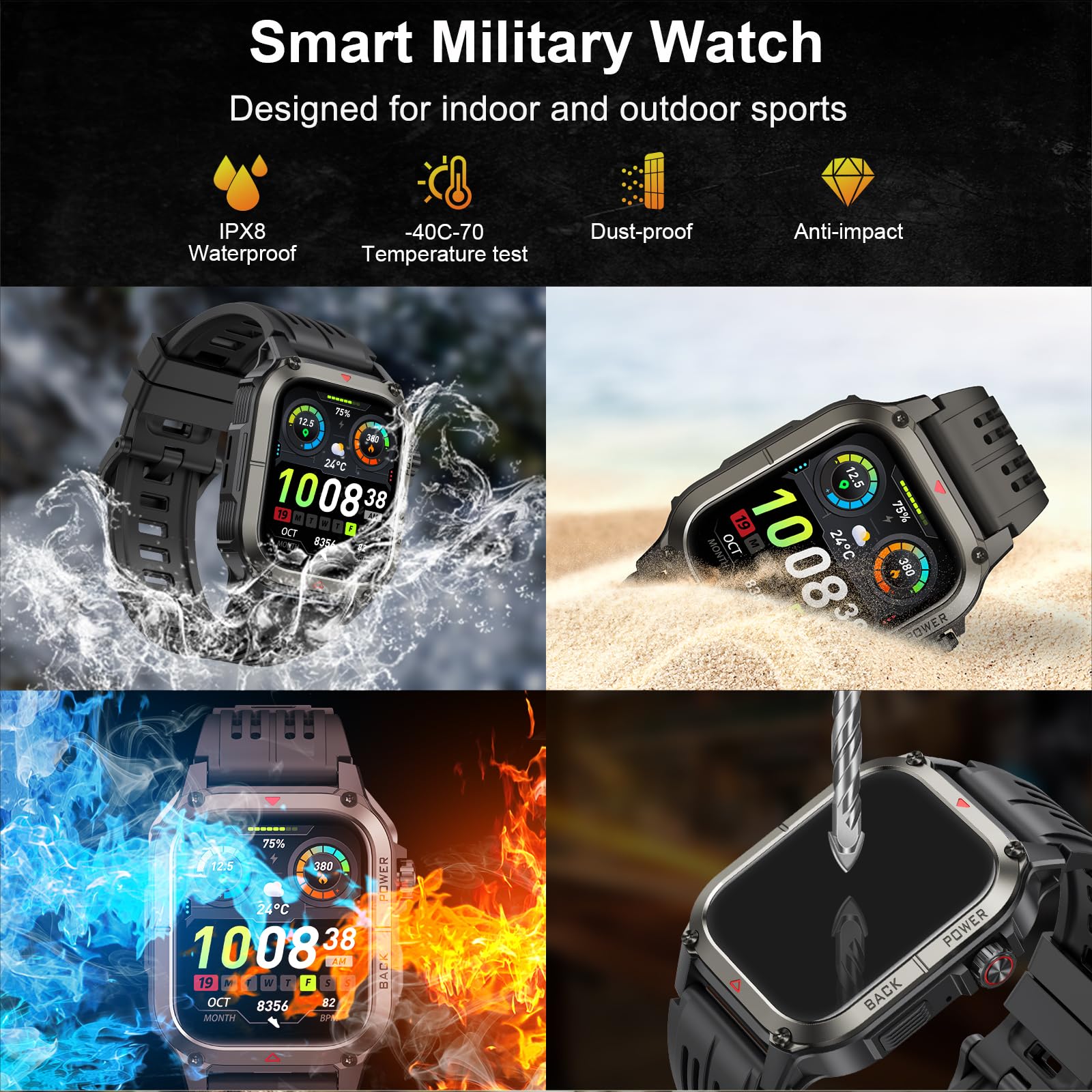 Smartwatch Militare Uomo con Funzione Telefono, Orologio Smartwatch Uomo con Cardiofrequenzimetro/Sonno/Contapassi, 120+ Modalità Sport, Impermeabilen IP68 Smart Watch per Android iOS