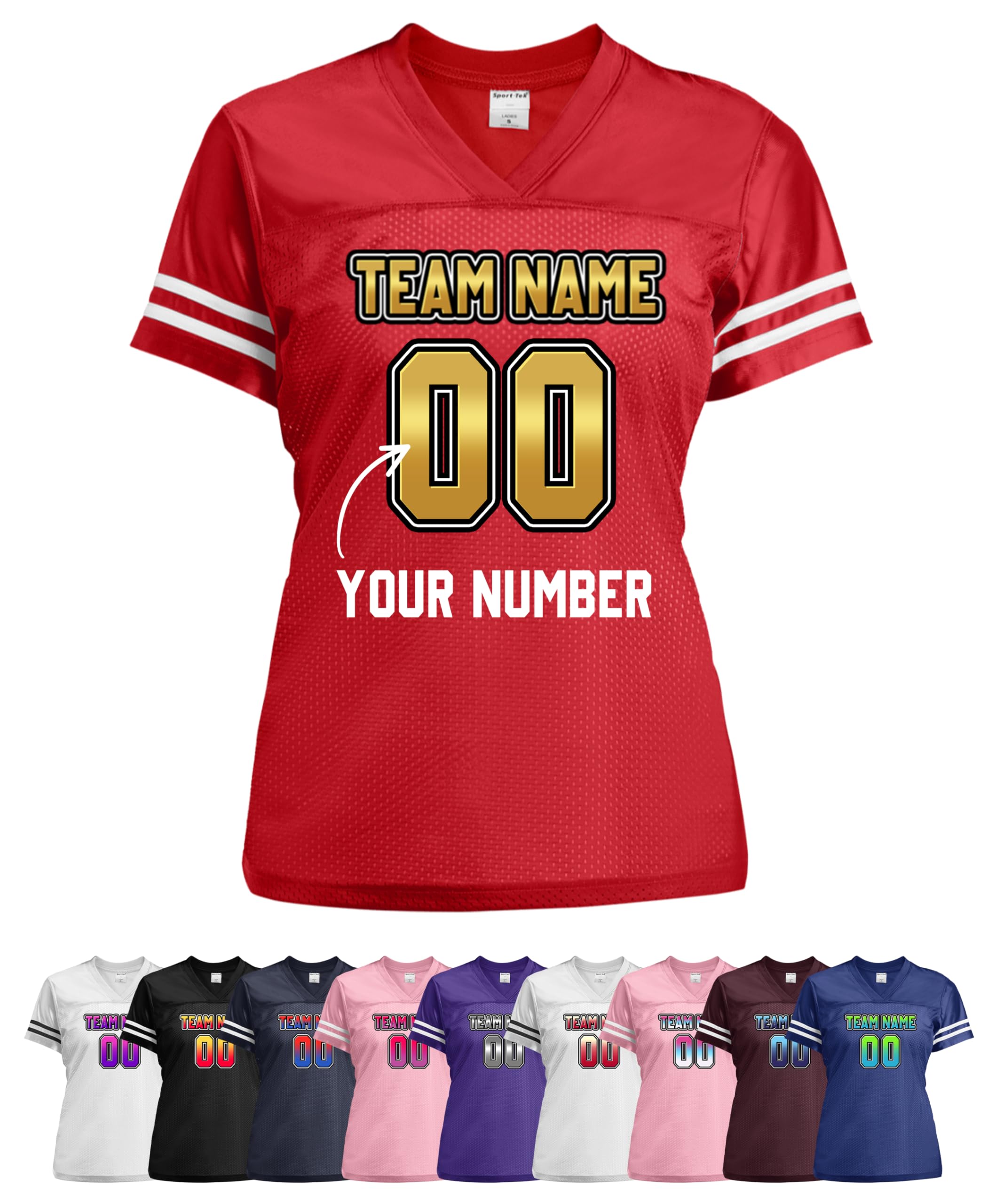 Custom Women's Football Jersey - Personalized Jerseys for Women, with Front Team Name and Number - Red, Medium