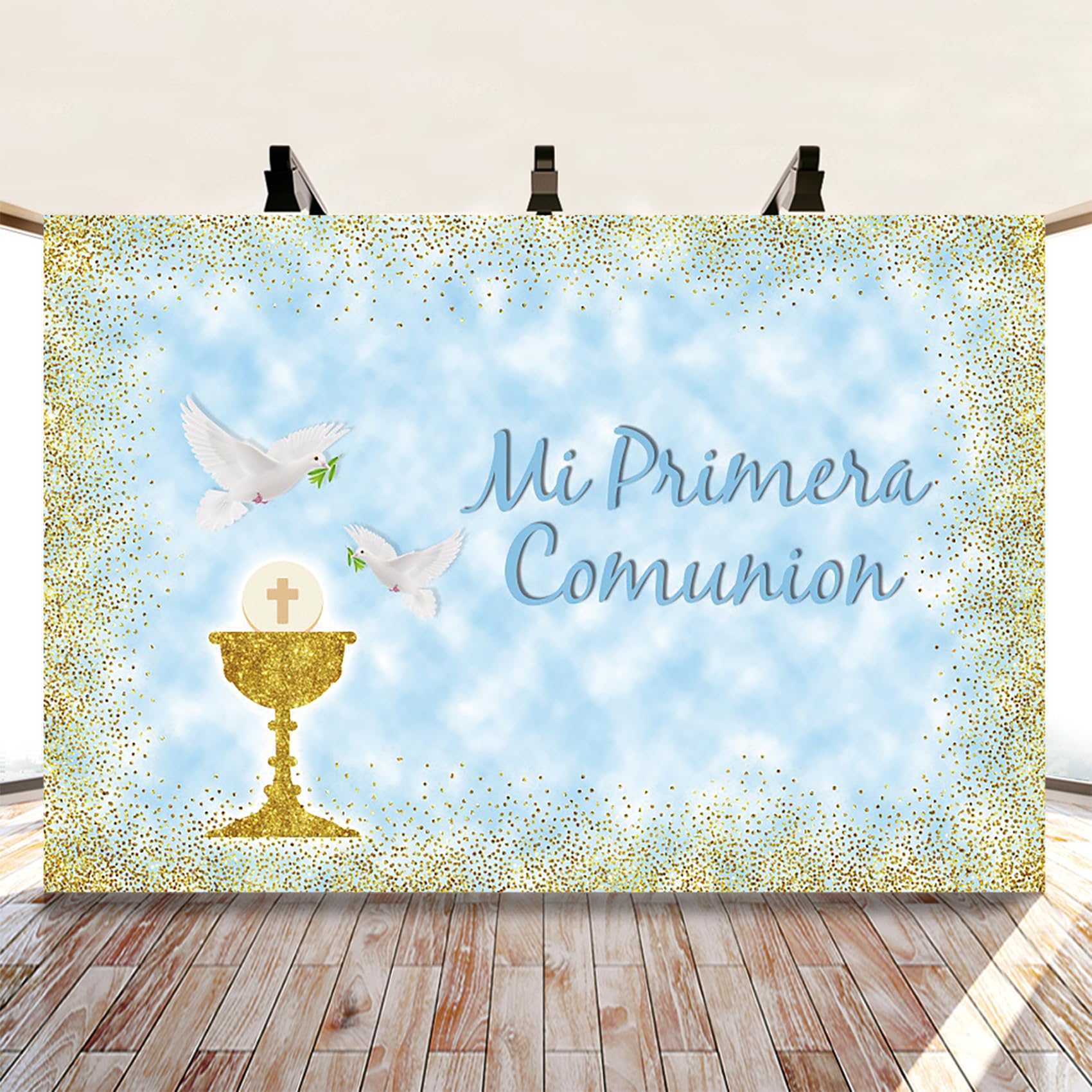 3,5x2,5m Mi Primera Comunion Fondo Palomas Primera comunión Bautismo Fotografía Fondo Azul Oro Puntos Bautizo Baby Shower Telones de Fondo Foto Estudio Accesorios, Vinilo