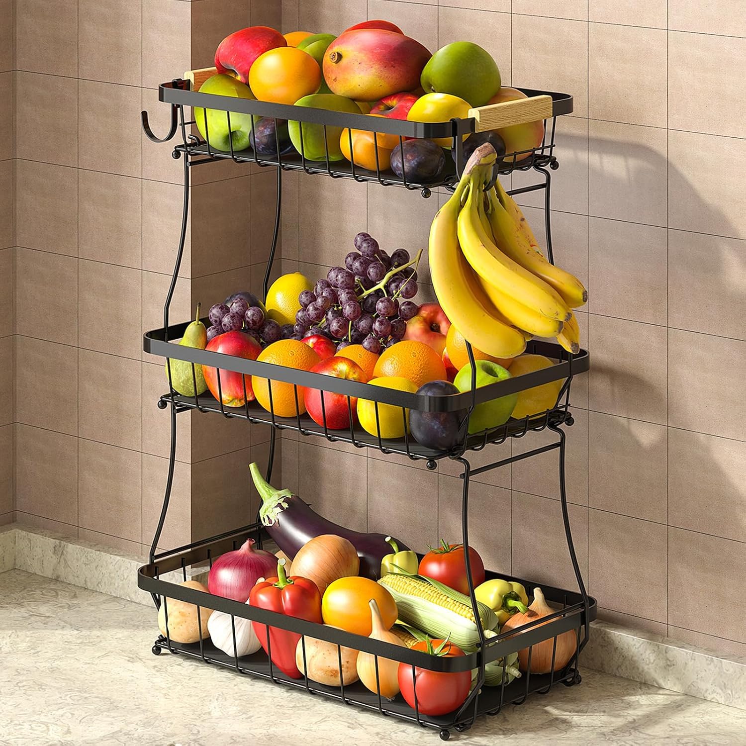 Fournine 3 Tier Fruit Bowl Basket with 2 Banana Hanger, 2026 Pro Detachable Kitchen Countertop Organizer for Fruits, Vegetables, Snacks, Metal Vegetable Storage Rack with Banana Holder, Black