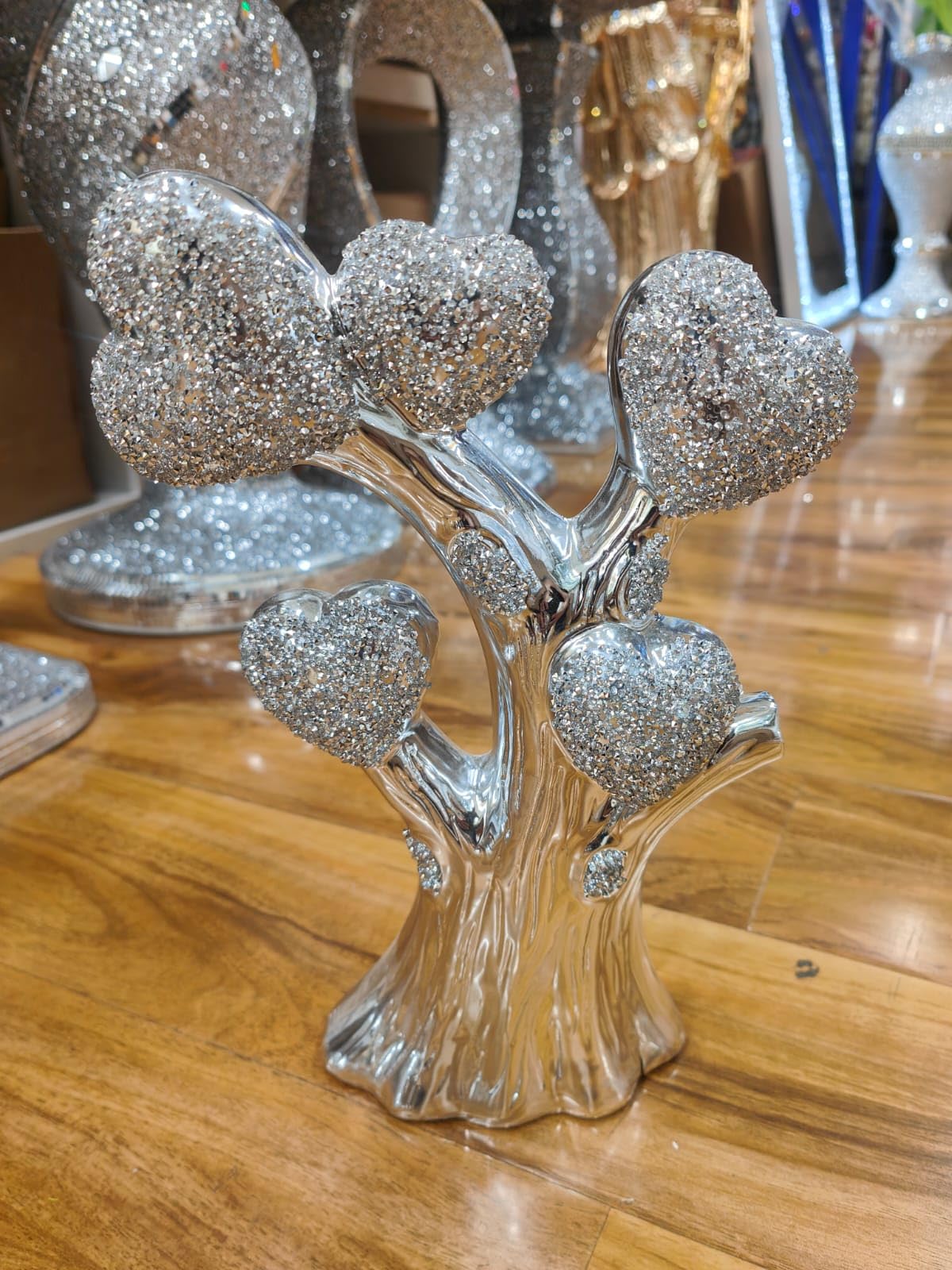 Biznest Silver Heart Tree Crushed Jewel Romany Diamante Shelf Sitter Ornament Home Decor
