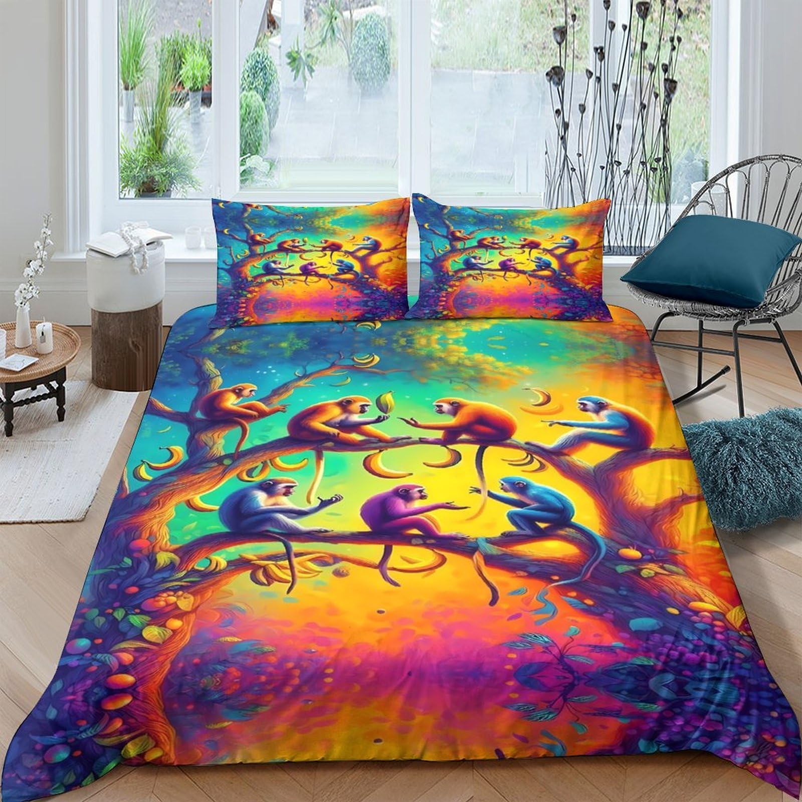 Ctjqhvkz Style-7 3D Printed Psychedelic Monkey Tree Fitted Sheet Microfiber Soft Colorful Jungle Bed Cover For Bedroom Dorm Mattress Decor Single（135X200cm）