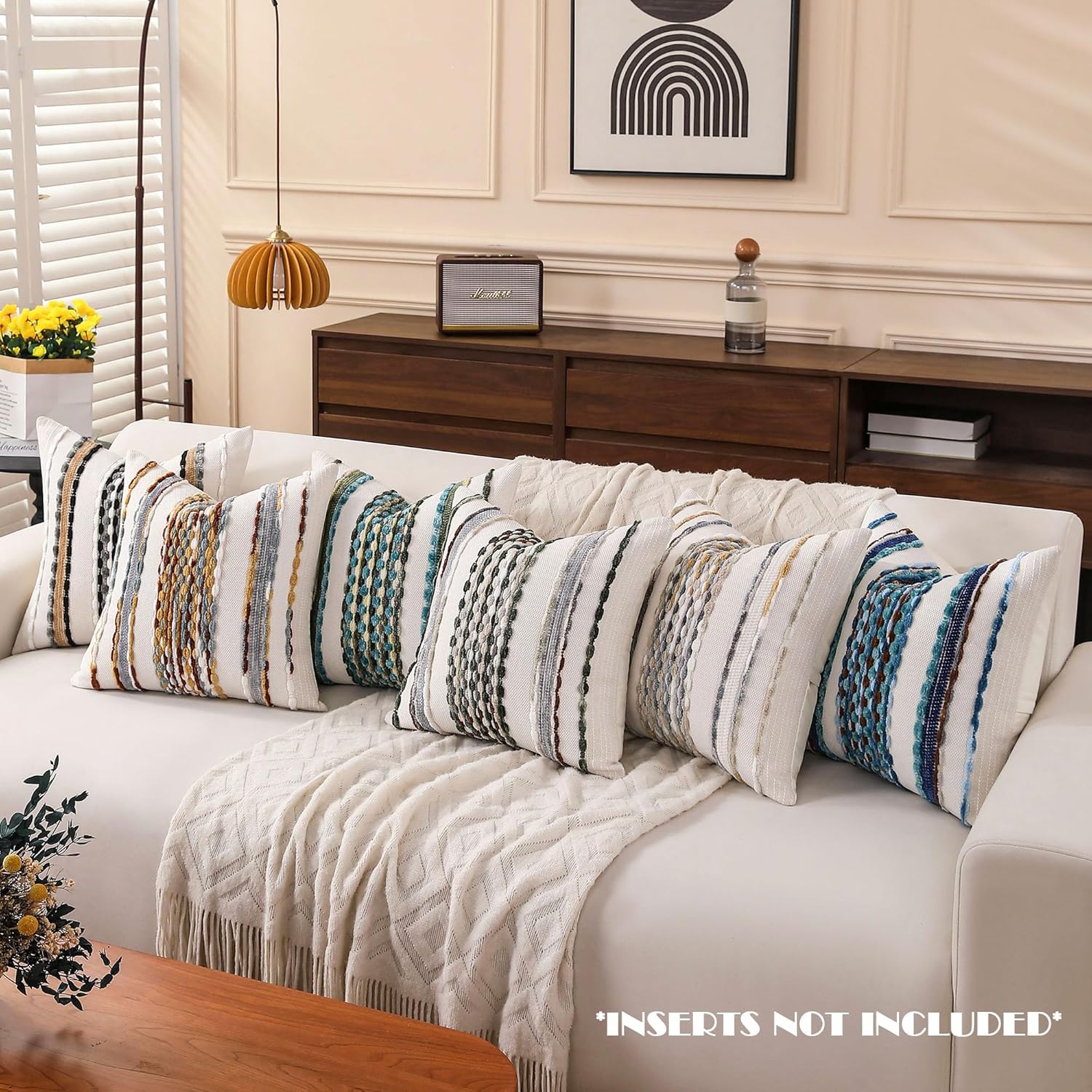 Boho Striped Throw Pillow Covers 18x18 Inch Set of 2 Farmhouse Square Decorative Pillow Covers Chenille Tufted Accent Neutral Pillowcase Green Cushion Cover for Living Room Couch Sofa Bed - Image 2