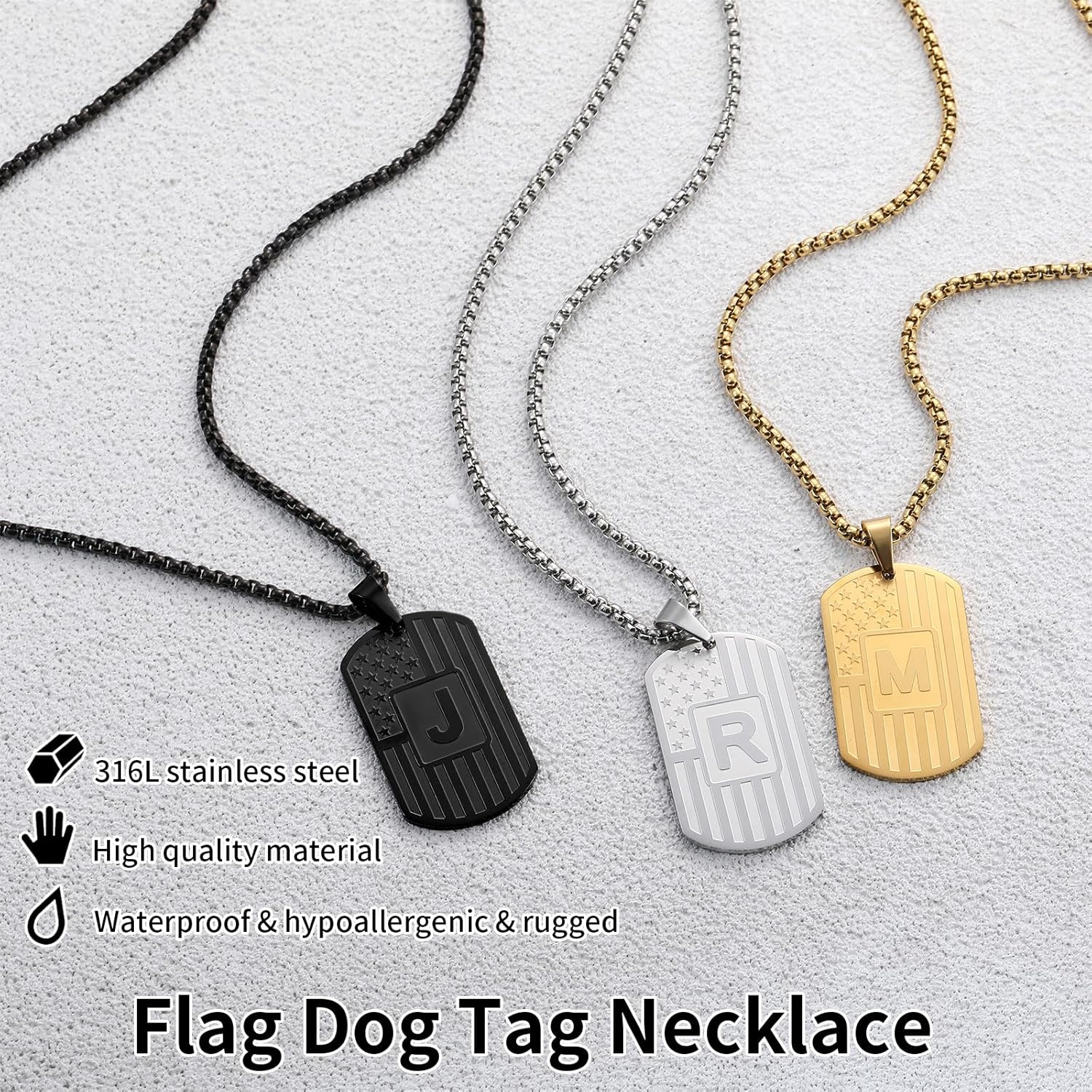 RWQIAN American Flag Initial Dog Tag Necklace for Men,Stainless Steel Letter A-Z with 24 Inch Chain Military Pendant Necklace Gift for Valentine's Birthday Christmas Anniversary Fathers Day - Image 4