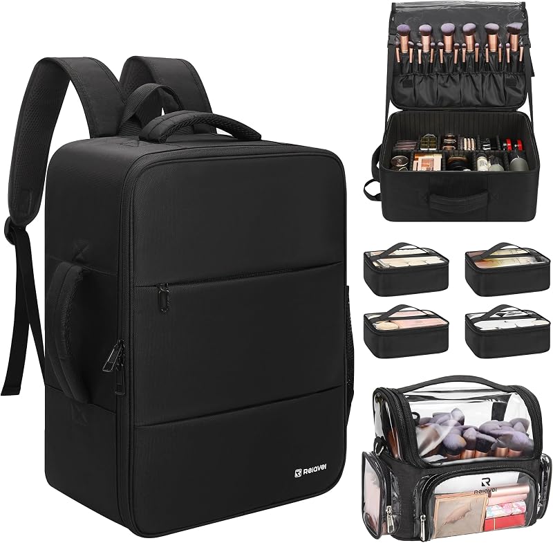 Relavel Mochila para Maquiagem com 4 Bolsas Transparentes, Estojo para Pincéis e Divisórias Ajustáveis, Preta