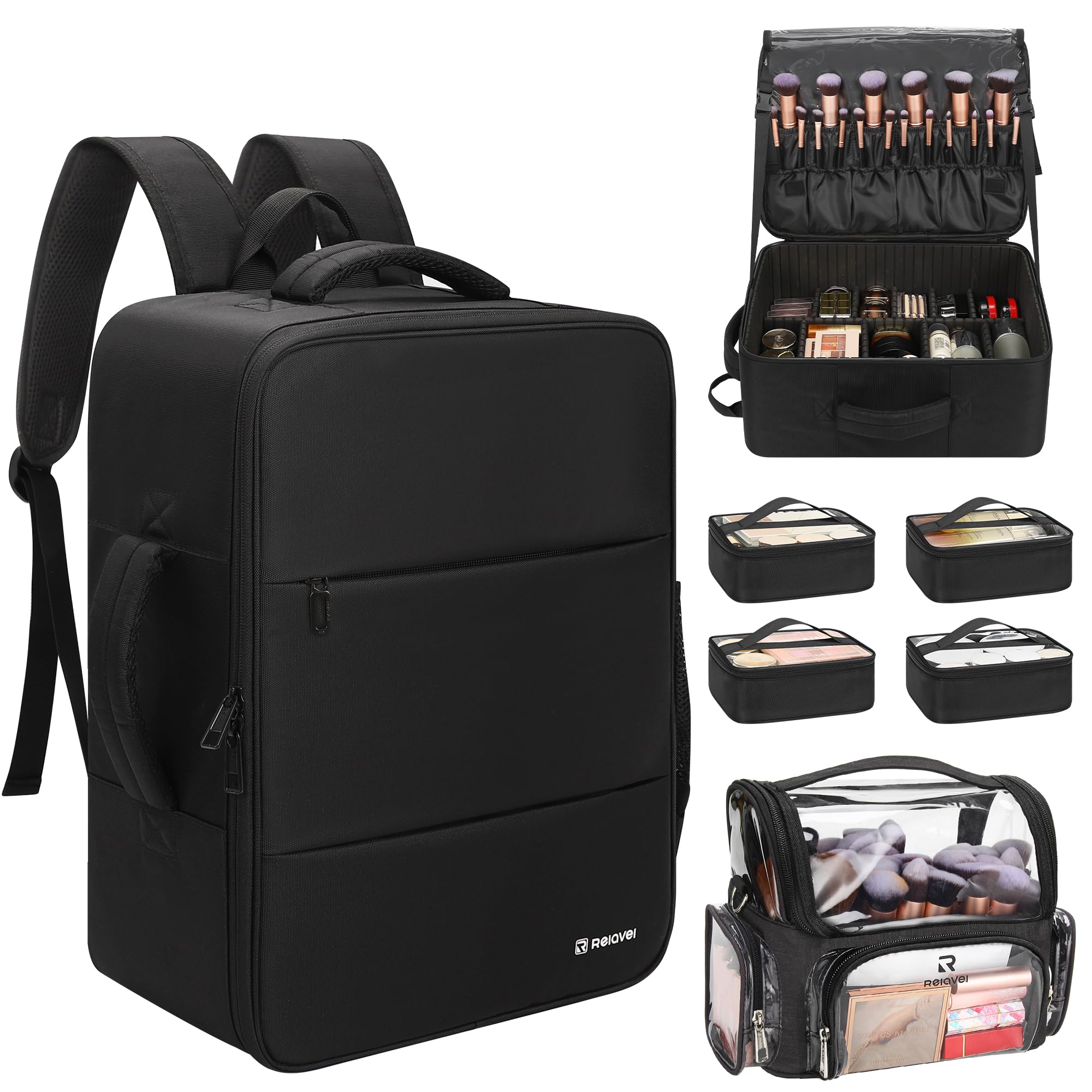 Photo 1 of Relavel Makeup Bag Travel Train Case Makeup Backpack with 4 Clear Bags & Makeup Brush Case, Professional Makeup Artist Kit Set Bags, Cosmetics Storage Organizer Box with Adjustable Dividers, Black