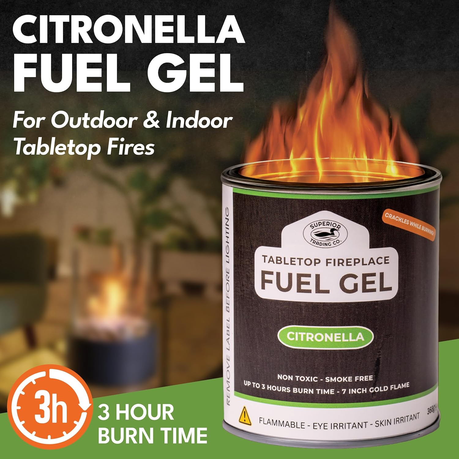 Superior Trading Co. Citronella Gel Fuel Cans, Clean-Burning Bioethanol, Smoke-Free, Fresh Scent 3-Hour Burn, Indoor & Outdoor Safe, 368g, 6 Pack