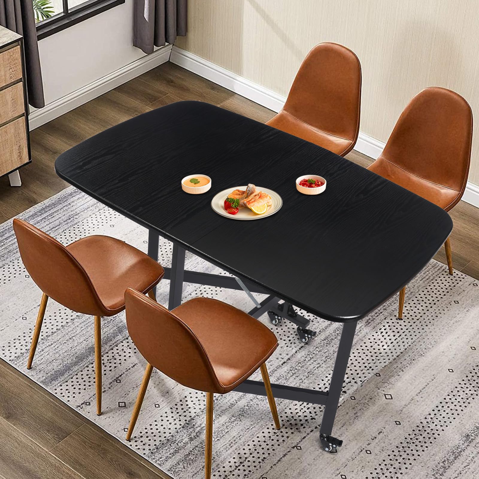 Tavolo da pranzo pieghevole portatile, design con bordi rotondi, piccole stanze, sala da pranzo, cucina, dimensioni pieghevoli 80 x 55 x 10 cm (nero)