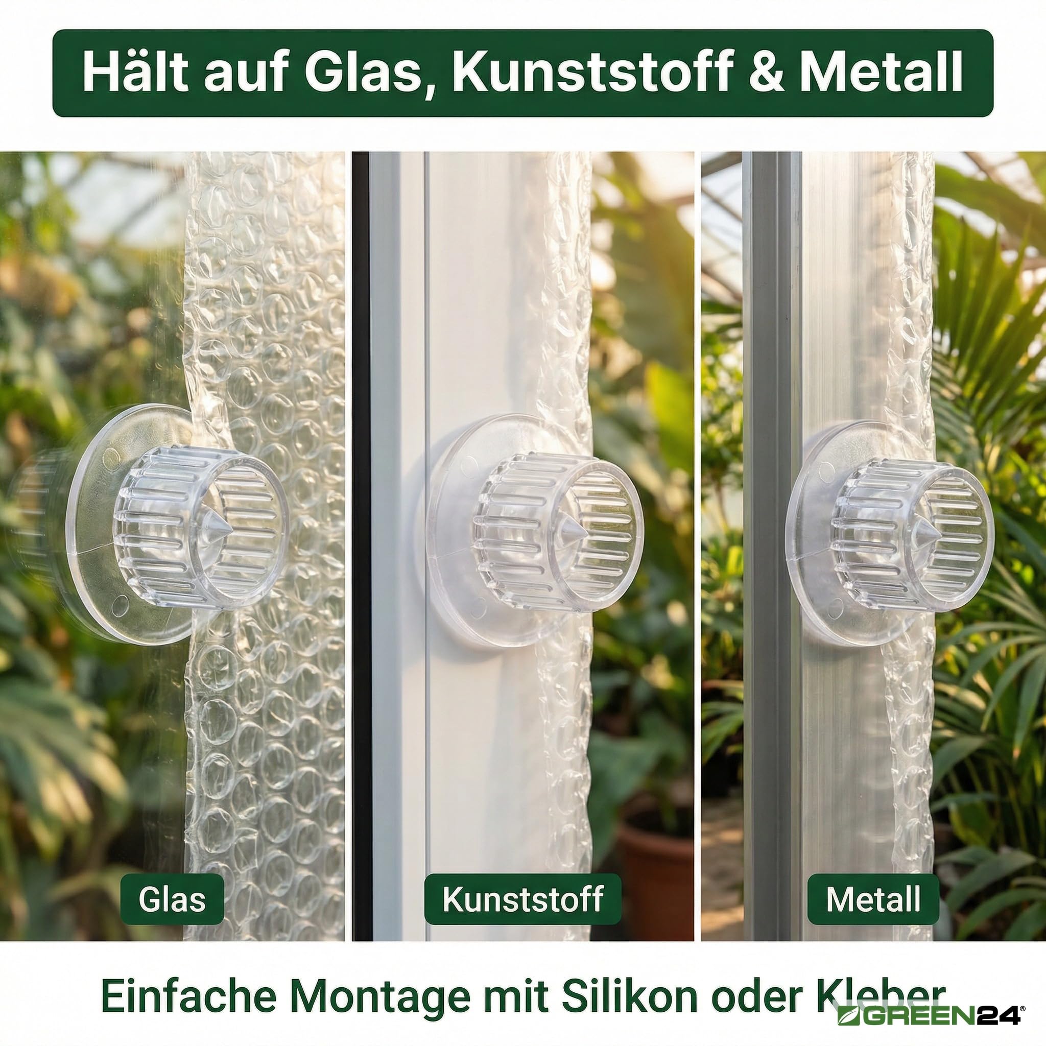 GREEN24 Profi Folienhalter 100 Stück, Halterung - Befestigung für Luftpolsterfolie Isolierfolie Noppenfolie, zum kleben. Klebe-Halter für Glas, Kunststoff und Metall.