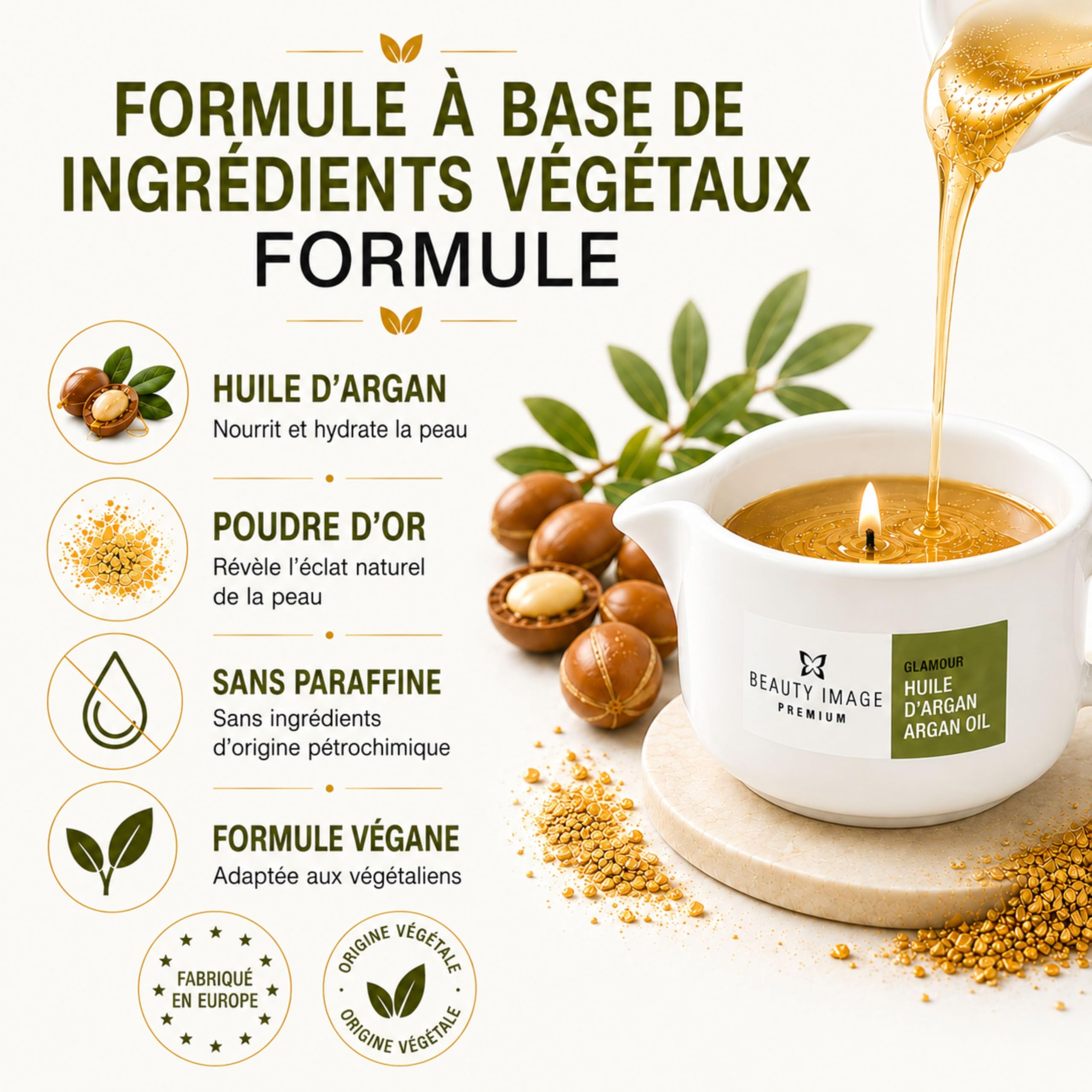 BEAUTY IMAGE Pack de 2 Bougies de Massage - Couleur Or Brillant - A l'Huile d'Argan. De 2 à 3 Massages Corporels Complets par Bougie. Huile Chaude pour Massage Professionnel.