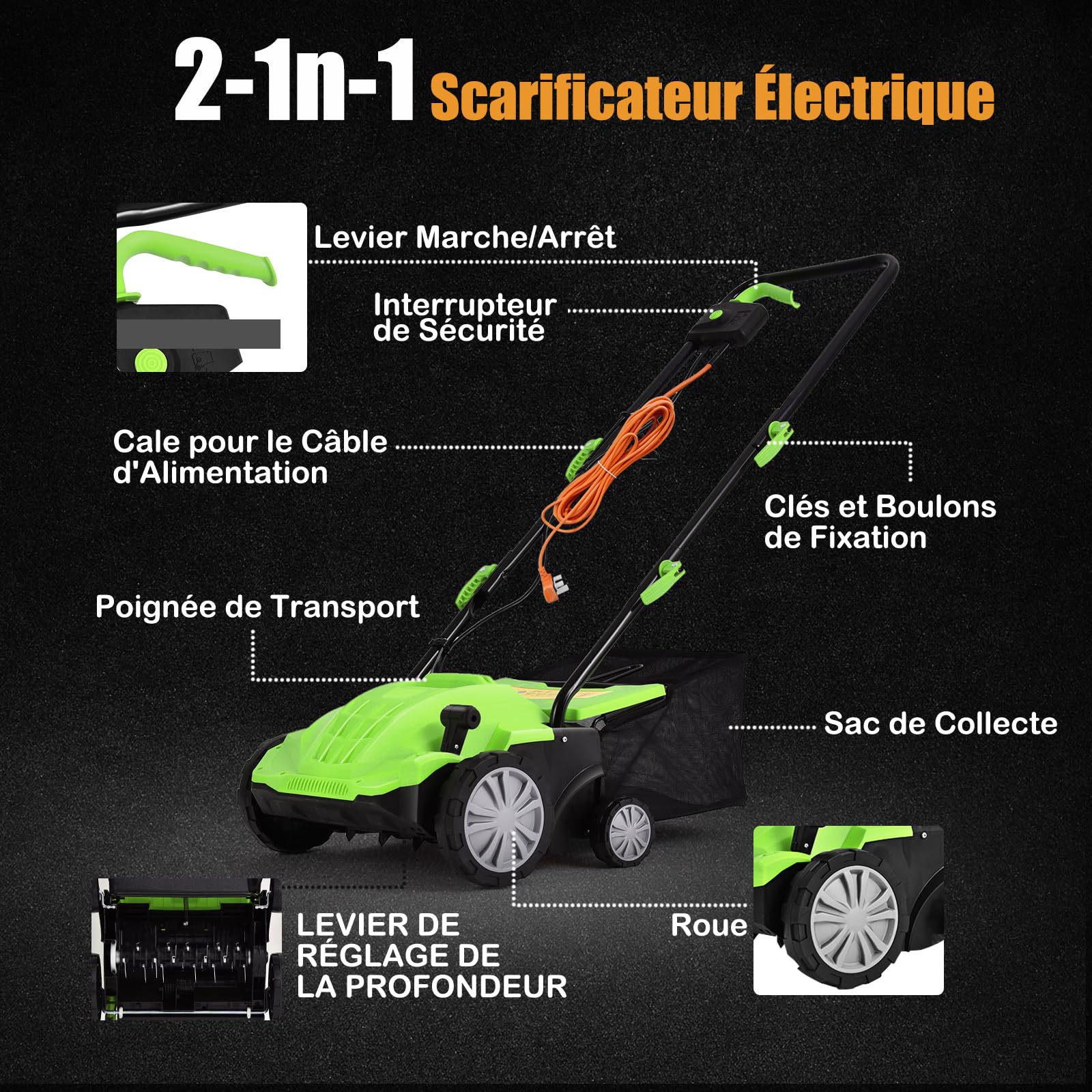 GOPLUS Scarificateur Électrique 2 en 1 avec 30LSac de Collecte, Aérateur de Pelouse avec Hauteur Réglable à 4 Niveaux, Poignée Pliable pour Un Rangement Facile(Vert)