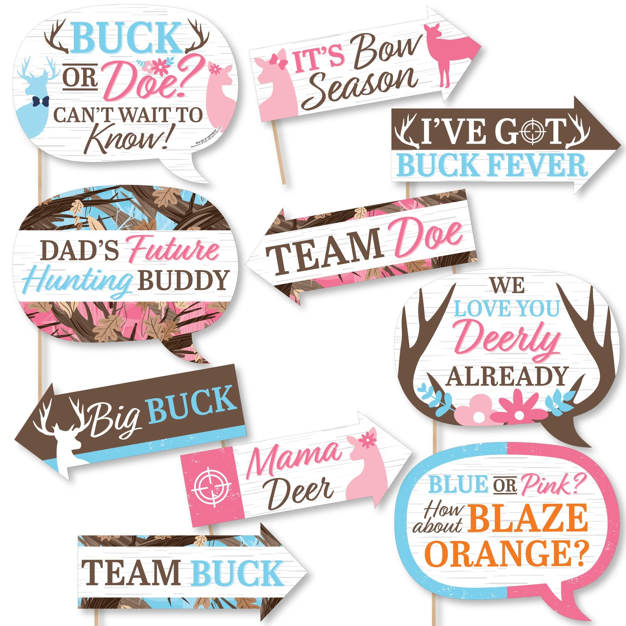 Big Dot of Happiness Funny Buck or Doe - Hunting Gender Reveal Party Photo Booth Props Kit - 10 Piece